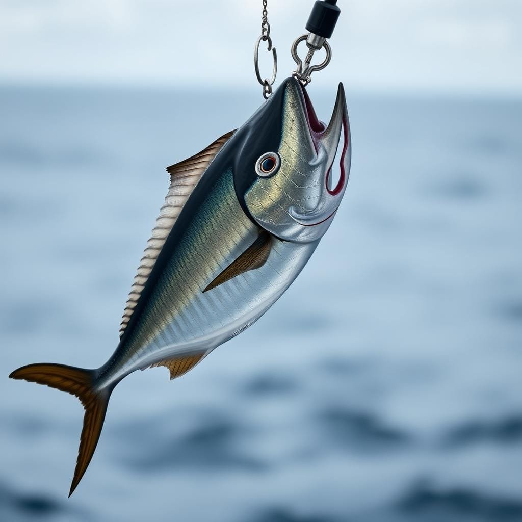 A motionless ballyhoo bait hangs suspended against a blurred ocean backdrop, its iridescent scales catching the soft, diffused light of an overcast day. The bait's streamlined form is captured in sharp detail, the carefully sculpted profile and delicate fins conveying a sense of lifelike realism. Subtle shadows accentuate the contours, while a shallow depth of field isolates the subject, creating a sense of focus and emphasis. The overall mood is one of calm, contemplative stillness, evoking the tranquil atmosphere of a day spent trolling for the elusive sailfish.