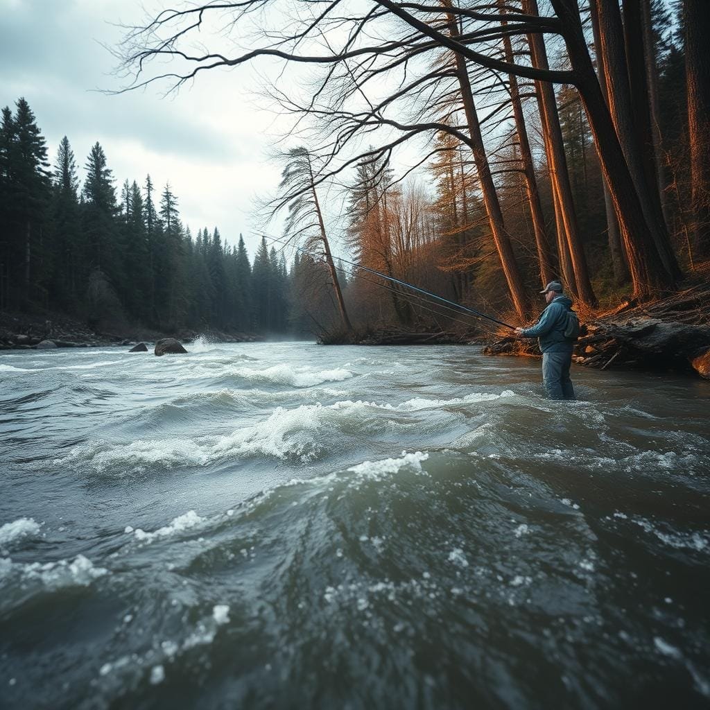 A murky, turbulent river cascades through a dense forest, its waters churned by the current. In the foreground, a skilled angler casts a line, their bait skimming the surface of the murky depths. Tall, weathered trees line the riverbank, their branches casting dramatic shadows that play across the water's surface. The lighting is moody and atmospheric, with warm, golden hues filtering through the overcast sky. The scene conveys a sense of challenge and determination, as the angler navigates the unpredictable conditions to land the elusive sauger. A telephoto lens captures the drama of the moment, framing the action with a shallow depth of field.