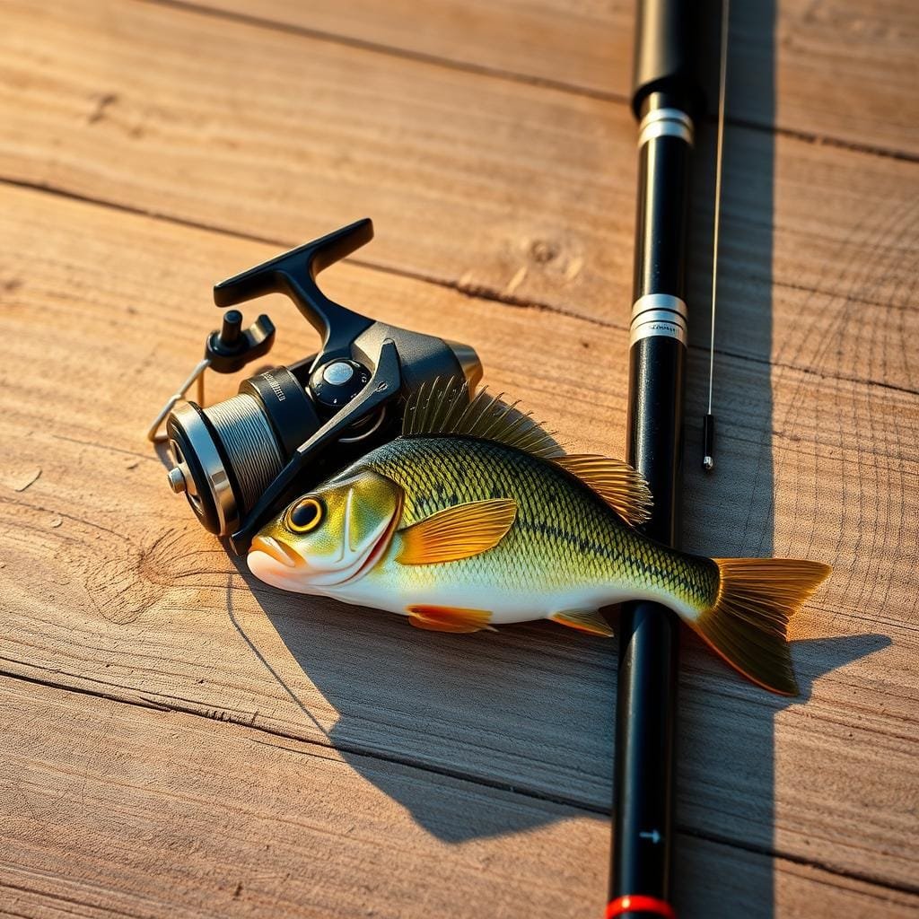 A neatly arranged light tackle setup featuring a sleek graphite rod, a precision-engineered reel, and a translucent monofilament line. The setup is positioned on a weathered wooden surface, casting a warm, golden glow from a softly diffused light source. The bait, a lively minnow, is artfully presented, its scales shimmering under the carefully crafted illumination, enticing the viewer to imagine the excitement of reeling in a prized yellow perch. The overall composition evokes a sense of calm focus and the promise of a successful day on the water.