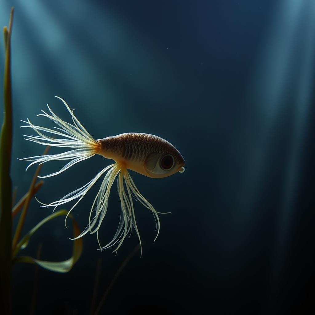 A neutrally buoyant softbait lure hovers in a dimly lit underwater scene, its translucent tentacles swaying gently. The lure's mottled, organic coloration blends seamlessly with the muted greens and browns of the surrounding aquatic foliage. Beams of soft, diffused light filter down from above, casting a hazy, ethereal glow that accentuates the lure's lifelike movement. The scene conveys a sense of tranquility and mystery, hinting at the predatory potential of this deceptively simple-looking bait as it drifts, ready to entice the most elusive muskie.