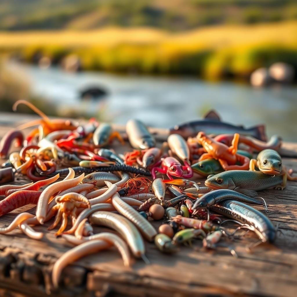A picturesque still life of live and natural rainbow trout baits, artfully arranged on a rustic wooden surface. In the foreground, an assortment of enticing lures, including wriggling nightcrawlers, plump mealworms, and freshly gathered insects. The middle ground features an array of colorful live baits, such as minnows, crayfish, and small frogs, each poised to tempt the rainbow trout. The background is a softly blurred landscape, hinting at a tranquil stream or lake, evoking the natural habitat of these prized game fish. The lighting is warm and golden, creating a inviting, authentic atmosphere. Captured with a high-quality macro lens, this image celebrates the diverse and effective live and natural baits that consistently attract rainbow trout.