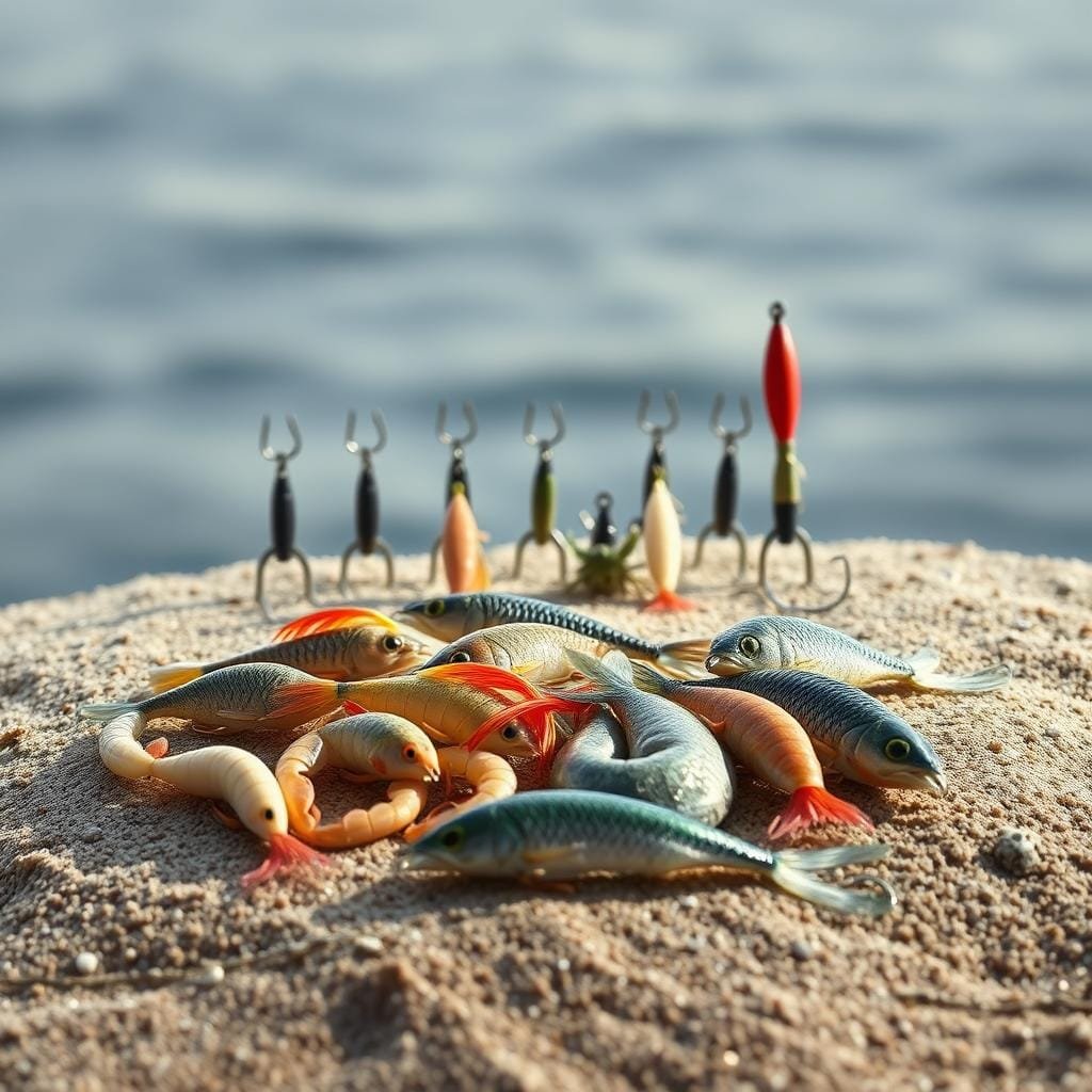 A realistic still-life scene depicting an assortment of fishing jigs and lure-bait combinations that mimic the appearance and movement of natural prey. The foreground features a variety of meticulously crafted lures, including soft plastic shrimp, minnows, and crabs, nestled atop a textured surface resembling a sandy seabed. The middle ground showcases several jig heads with lifelike silhouettes, their hooks concealed. The background is a muted, out-of-focus seascape, evoking a coastal environment. The lighting is soft and natural, casting subtle shadows that accentuate the textures and profiles of the fishing tackle. The overall mood is one of realism and attention to detail, capturing the essence of effective bait and lure selection for targeting flounder.