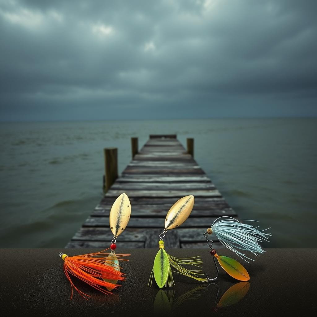 A realistic still life scene of three spinnerbaits designed for fishing in wind, stained water, and low light conditions. The spinnerbaits are arranged in the foreground, their blades and skirts visible in fine detail. The middle ground features a wooden dock or pier, partially submerged in murky, stained water. The background depicts a moody, overcast sky with soft, diffused lighting that casts a gloomy, atmospheric ambiance. The overall composition suggests the challenging fishing environments these specialized lures are meant to excel in, inviting the viewer to imagine their use in pursuit of trophy largemouth bass. A realistic still life scene of three spinnerbaits designed for fishing in wind, stained water, and low light conditions. The spinnerbaits are arranged in the foreground, their blades and skirts visible in fine detail. The middle ground features a wooden dock or pier, partially submerged in murky, stained water. The background depicts a moody, overcast sky with soft, diffused lighting that casts a gloomy, atmospheric ambiance. The overall composition suggests the challenging fishing environments these specialized lures are meant to excel in, inviting the viewer to imagine their use in pursuit of trophy largemouth bass.