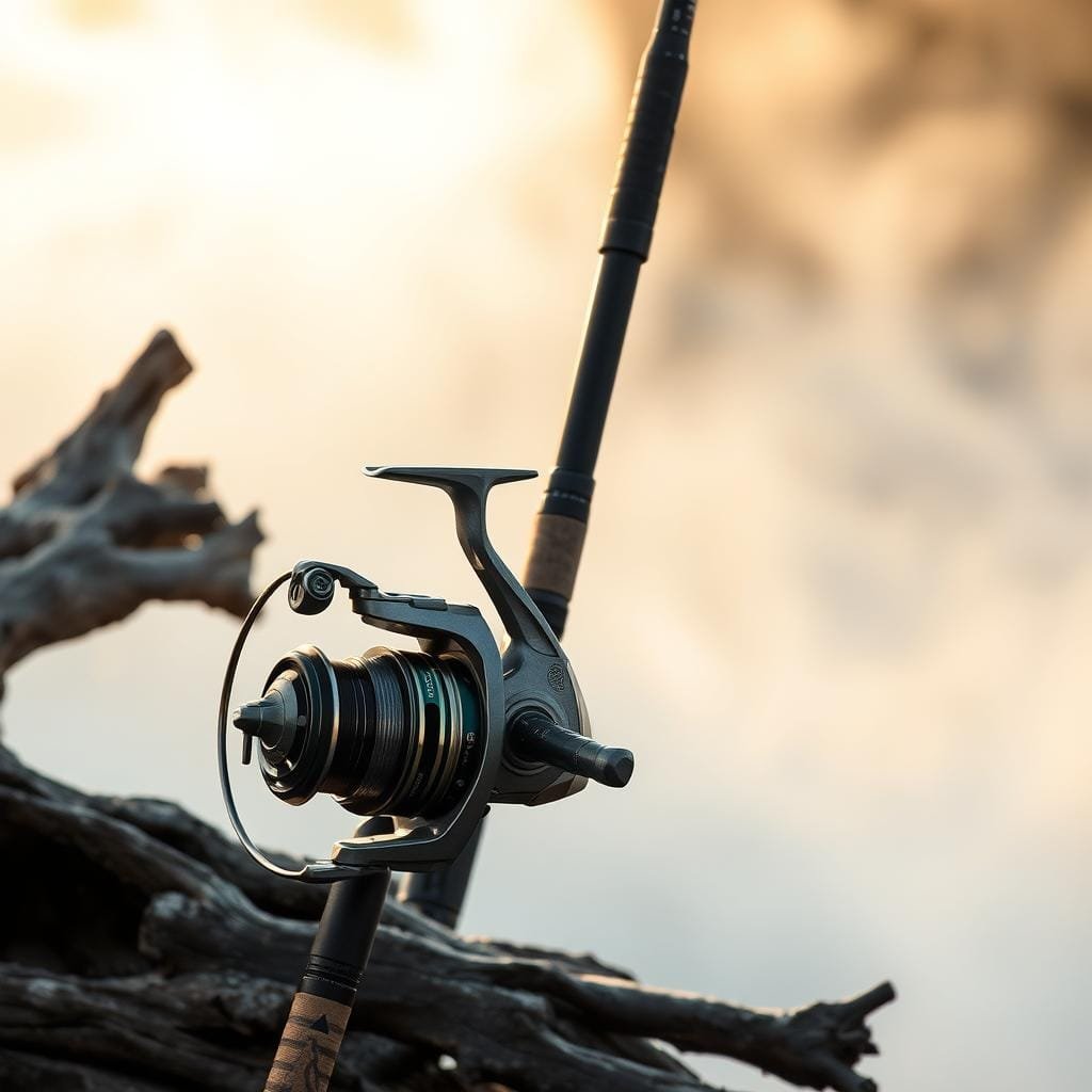 A rugged fishing rod, reel, and line stand tall against a backdrop of weathered driftwood and swirling mist. The rod's sturdy graphite construction and the reel's solid metal frame exude an unwavering confidence, ready to confront the mighty bowfin lurking beneath the surface. The line, with its superior tensile strength, coils with anticipation, a testament to its ability to withstand the fish's relentless thrashing. Warm, golden light filters through the haze, casting a glow of determination upon this formidable angling arsenal. This gear is built to endure, unfazed by the challenges that await in the depths of the bowfin's domain.