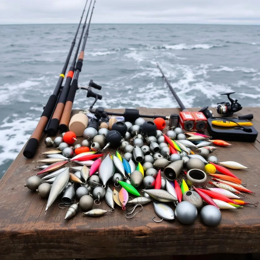 A rugged, weathered wooden table set against a backdrop of ocean waves and a cloudy gray sky. On the table, an array of fishing tackle and equipment - a collection of jigging rods, reels, and an assortment of weights and lures in varying sizes and shapes. The weights range from light, oval-shaped bobbers to heavy, pyramid-style sinkers, each designed for different fishing depths. The lures include metal spoons, soft plastics, and vibrant jigs in a rainbow of colors. The overall scene conveys the expertise and preparation required for successful sea bass fishing, with a focus on the specialized gear needed to adapt to changing water depths.