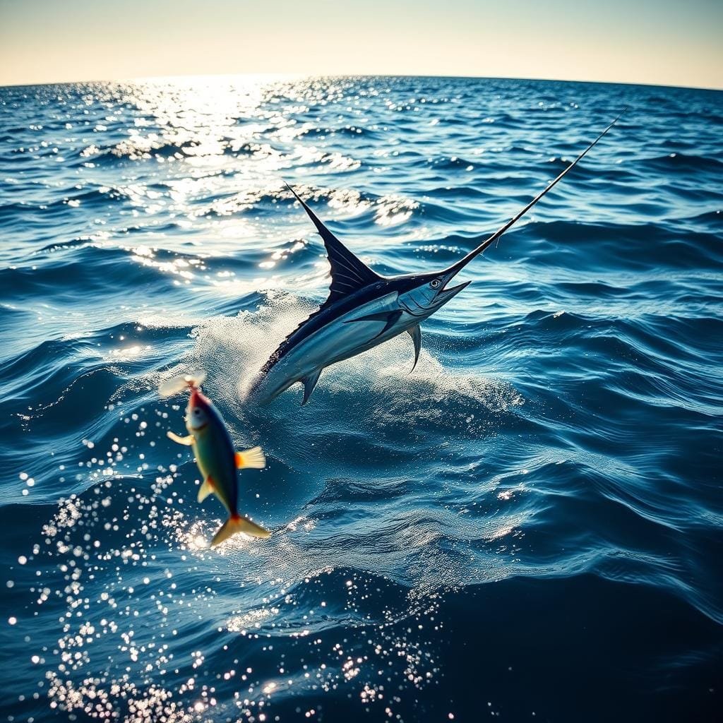 A sailfish mid-leap, its slender, muscular body cutting through the azure waves, its iconic dorsal fin unfurled like a majestic sail. In the foreground, a sparkling lure dances just out of reach, teasing the powerful predator. Sunlight glints off the rippling water, creating a dramatic chiaroscuro effect. In the background, a distant horizon shimmers, hinting at the vast, untamed ocean. The scene conveys the thrill and challenge of "switch baiting" - a technique that lures the sailfish to strike, then swiftly switches the lure to secure the catch. The composition and lighting evoke a sense of motion, tension, and the raw, untamed beauty of this apex marine predator.
