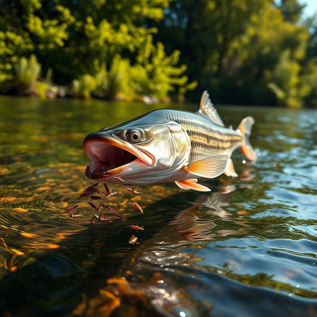 A sauger fish swimming gracefully in a sun-dappled river, its mouth wide open as it hungrily consumes a swarm of mayfly larvae drifting on the surface. The scene is captured in sharp detail, with the fish's scales glistening and its fins propelling it forward effortlessly. The shallow, rippling water creates a mesmerizing backdrop, while the warm, golden light filters through the surrounding lush, green foliage, casting a serene, summertime ambiance. The composition is framed to emphasize the sauger's predatory behavior and its critical role in the river's aquatic ecosystem during this peak mayfly season. A sauger fish swimming gracefully in a sun-dappled river, its mouth wide open as it hungrily consumes a swarm of mayfly larvae drifting on the surface. The scene is captured in sharp detail, with the fish's scales glistening and its fins propelling it forward effortlessly. The shallow, rippling water creates a mesmerizing backdrop, while the warm, golden light filters through the surrounding lush, green foliage, casting a serene, summertime ambiance. The composition is framed to emphasize the sauger's predatory behavior and its critical role in the river's aquatic ecosystem during this peak mayfly season.