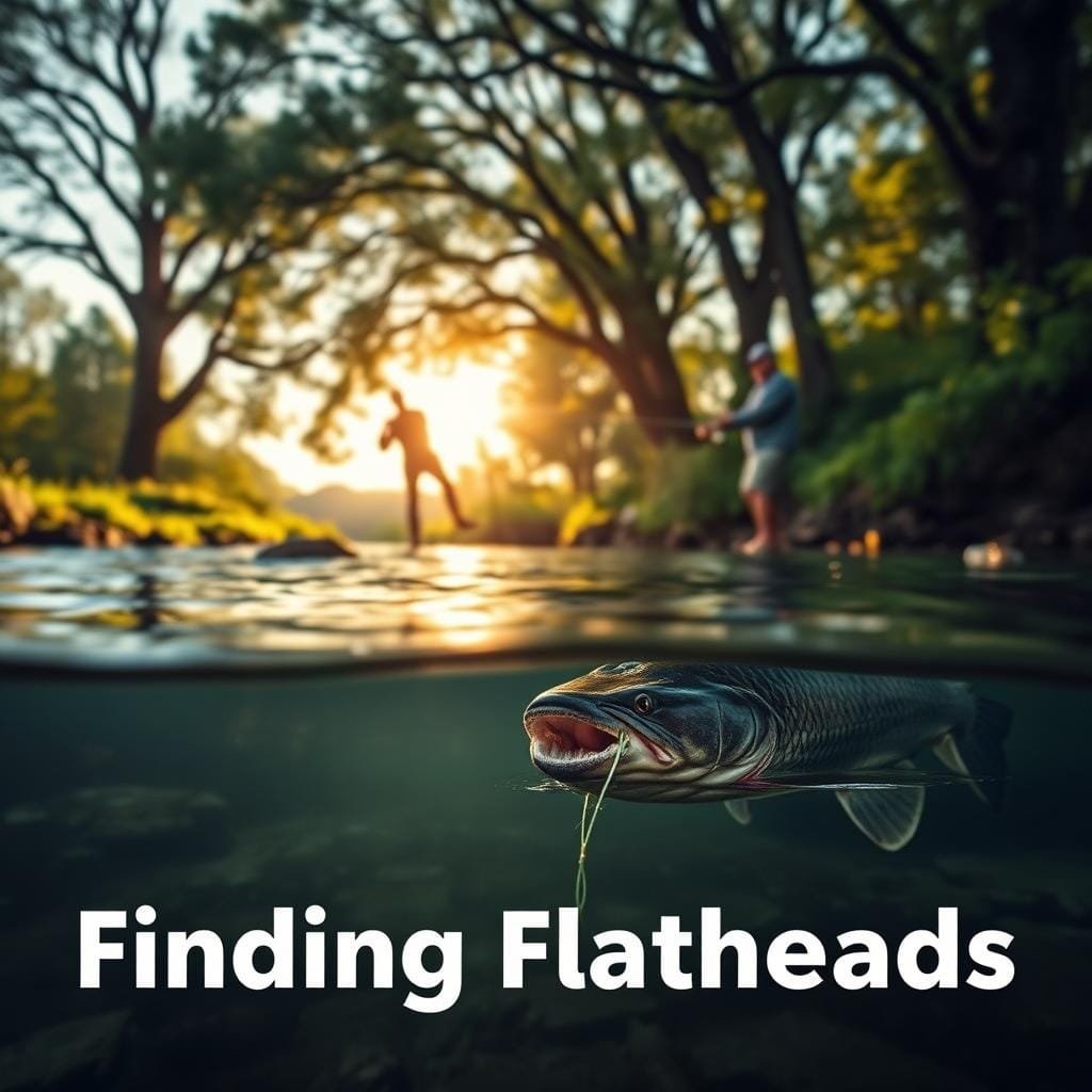 A scenic riverside landscape, with a tranquil stream meandering through lush greenery. In the foreground, a flathead catfish lurks beneath the surface, its whiskers twitching as it senses the enticing bait. The midground features a fisherman expertly casting a line, their silhouette backlit by the warm glow of the setting sun. The background showcases towering trees, their branches swaying gently in the breeze, creating a serene and inviting atmosphere. The lighting is soft and diffused, casting a golden hue across the scene, making the bait appear to shimmer and glow, drawing the attention of the elusive flathead. A sense of anticipation and discovery permeates the image, capturing the essence of the "Finding Flatheads" section.