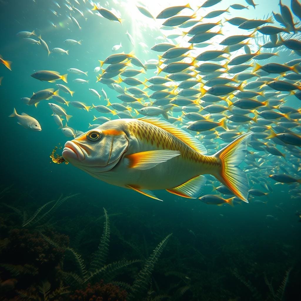 A school of scup fish swimming in a lush, underwater seascape. The foreground features a scup feeding on a variety of marine plants and small crustaceans. The middle ground shows scup gathering in a large shoal, exhibiting their seasonal feeding patterns. The background depicts a sunlit, kelp-covered seafloor, with rays of light filtering through the water. The lighting is soft and natural, creating a serene and tranquil atmosphere. The camera angle is slightly low, allowing the viewer to observe the scup from an intimate, eye-level perspective.