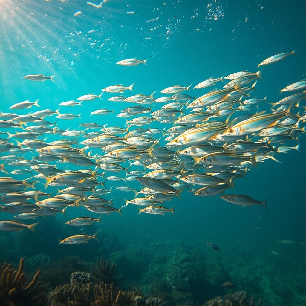 A school of small, iridescent weakfish swiftly dart through the shimmering blue-green waters, their sleek bodies rippling with energy. In the foreground, their fins slice through the surface, creating mesmerizing patterns. In the middle ground, the fish converge, working together to hunt smaller baitfish that dart between the underwater plants and rocks. Filtered sunlight dances across the scene, casting a warm, golden glow and accentuating the fish's vibrant colors. In the background, the seabed stretches out, dotted with coral and kelp, hinting at the rich ecosystem that sustains this dynamic prey-predator relationship.