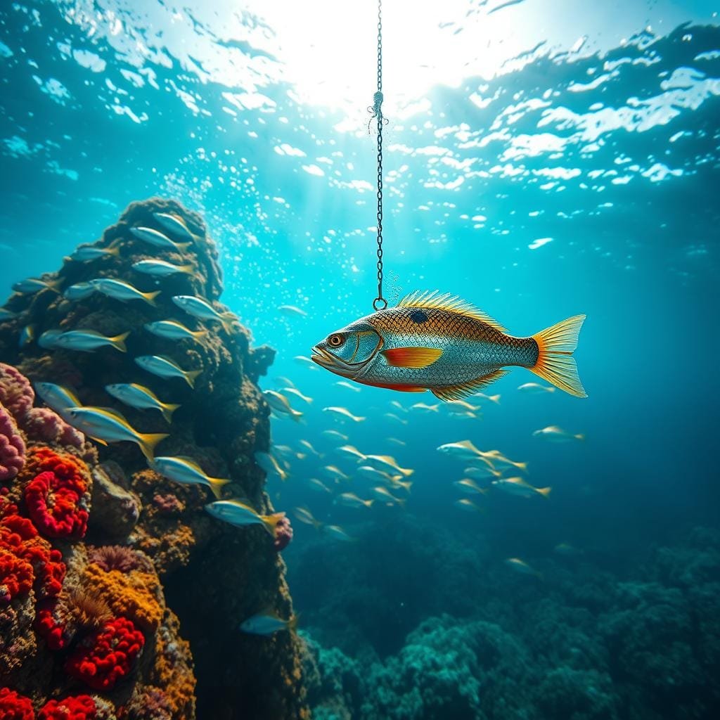A seascape with a vibrant ocean backdrop, sunlight filtering through the waves. In the foreground, a rocky underwater structure rises from the depths, covered in vibrant corals and sponges. Schools of sea bass dart in and out of the crevices, their silvery bodies reflecting the shimmering light. The middle ground features a fishing lure suspended mid-water, its intricate details and lively color scheme enticing the nearby fish. The scene is captured with a wide-angle lens, emphasizing the depth and scale of the underwater environment. The overall atmosphere is one of serene beauty and abundant marine life, inviting the viewer to envision the perfect spot for catching a prized sea bass.