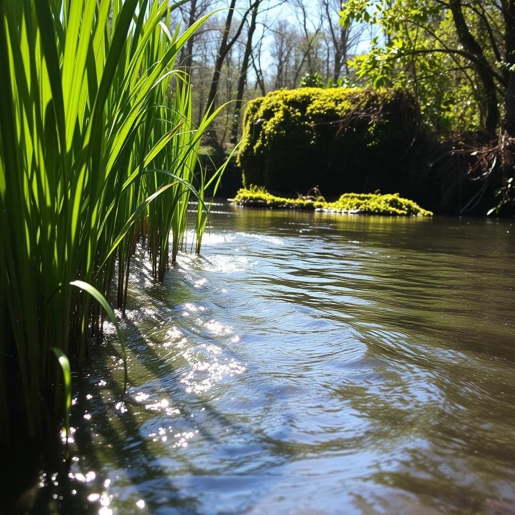 A serene backwater creek, its surface glistening under warm afternoon sunlight. Tall, verdant reeds sway gently at the water's edge, providing shelter for wary bullhead catfish. Dappled shadows dance across the rippling current, hinting at the hidden depths where the elusive fish lurk. In the distance, a mossy, overgrown pond surrounded by lush, tangled vegetation - the perfect ambush point for these bottom-dwelling predators. The scene exudes a tranquil, contemplative atmosphere, inviting the angler to discover the secrets of these productive, overlooked hotspots.