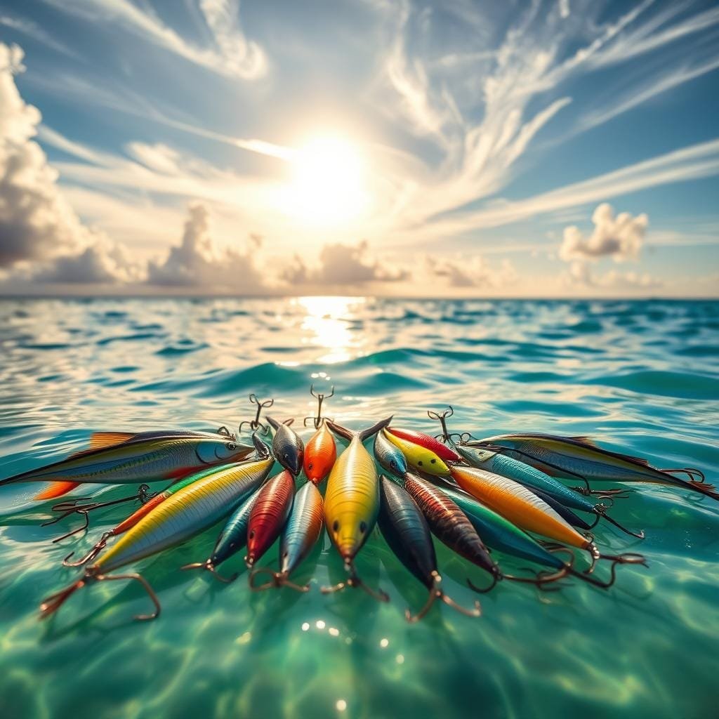 A serene coastal scene with vibrant fishing lures scattered in the foreground. Warm sunlight filters through wispy clouds, casting a golden glow across the crystal-clear waters. In the middle ground, a variety of mahi mahi baits are arranged - diverse in color, size, and shape, each designed to entice the catch of the day. The background features a tranquil horizon, hinting at the promise of a successful day on the open ocean. Captured with a sharp, wide-angle lens, this image conveys the careful consideration required to "dial in" the perfect bait for the ever-changing preferences of the mahi mahi.