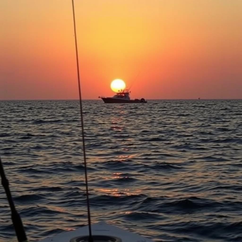 A serene dawn scene on the open ocean, with a small fishing boat silhouetted against the soft, golden glow of the rising sun. The calm waters reflect the warm hues of the sky, creating a peaceful atmosphere. In the foreground, fishing lines extend from the boat, poised to catch the elusive bonito as they hunt in the low-light window between night and day. The composition emphasizes the tranquility of the moment, capturing the essence of the optimal timing and lighting conditions for successful bonito fishing. A serene dawn scene on the open ocean, with a small fishing boat silhouetted against the soft, golden glow of the rising sun. The calm waters reflect the warm hues of the sky, creating a peaceful atmosphere. In the foreground, fishing lines extend from the boat, poised to catch the elusive bonito as they hunt in the low-light window between night and day. The composition emphasizes the tranquility of the moment, capturing the essence of the optimal timing and lighting conditions for successful bonito fishing.
