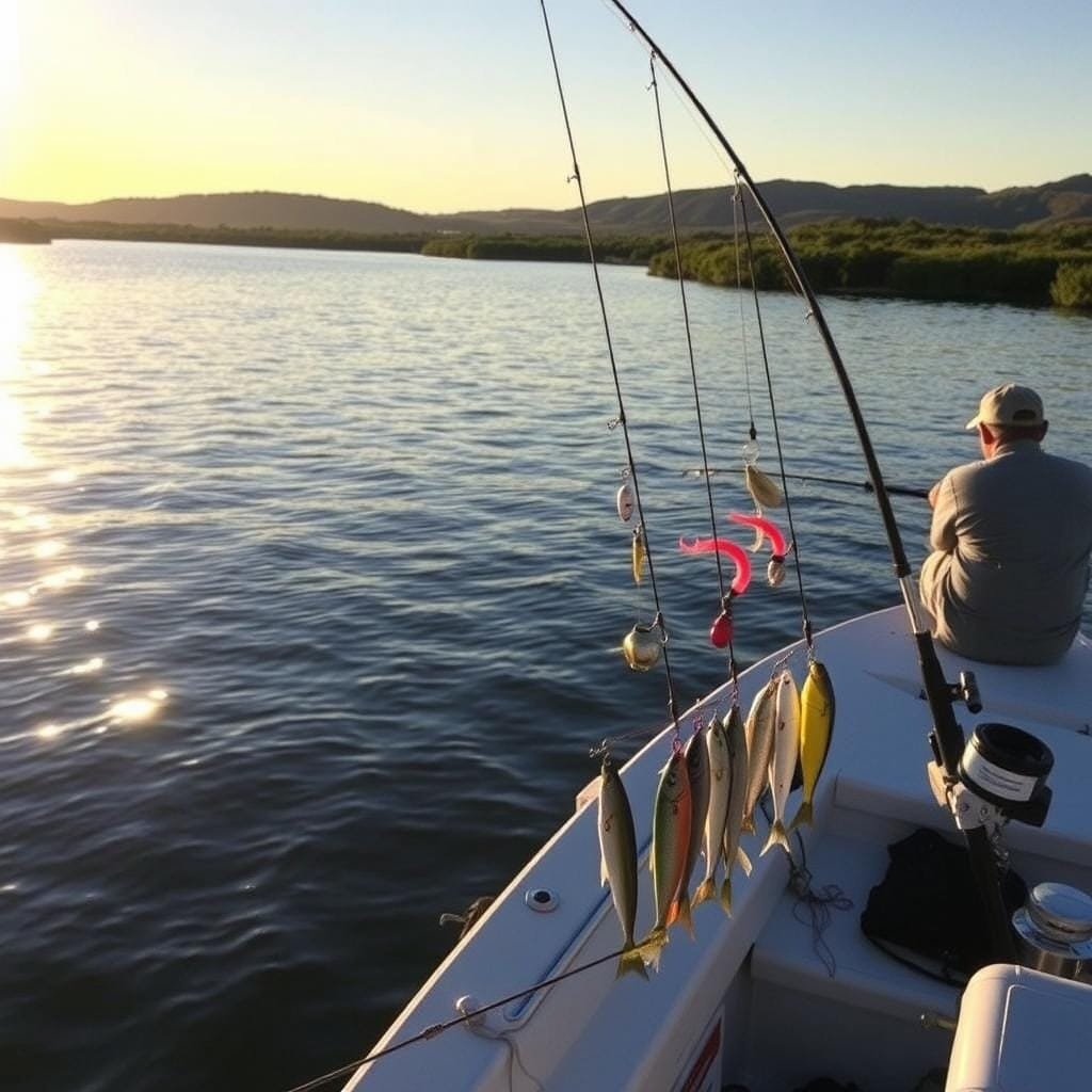 A serene lake at dusk, the water shimmering under the soft golden light of the setting sun. In the foreground, a fishing boat with a captain scanning the horizon, ready to deploy a variety of lures and baits to entice the elusive cobia. The middle ground features an array of trolling rigs - colorful spoons, plugs, and live baits trailing behind the boat, their movements creating mesmerizing patterns on the water's surface. The background is a panoramic view of the shoreline, with lush vegetation and distant hills, creating a tranquil and picturesque scene perfect for a successful cobia fishing expedition.