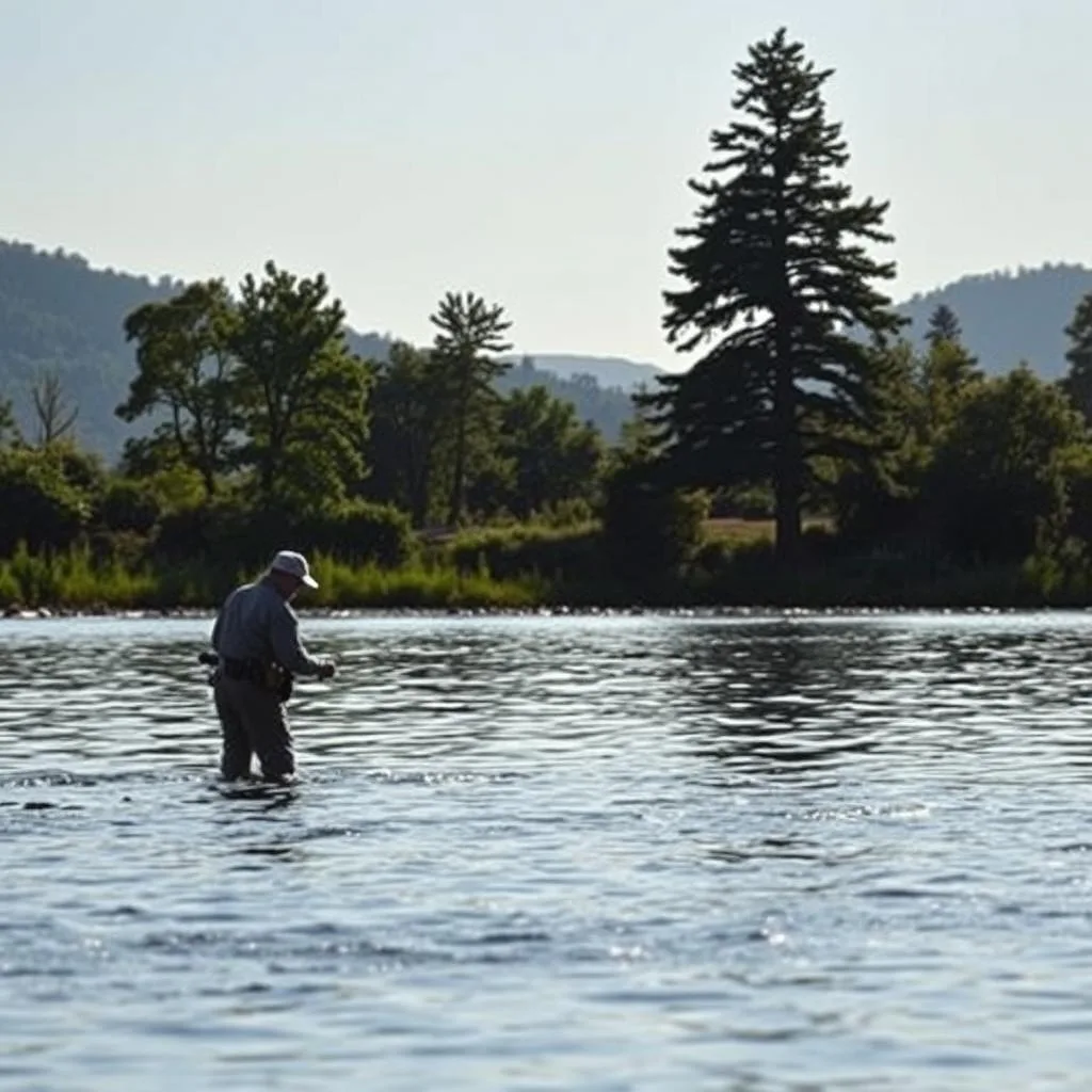 A serene lakeside scene, the water's surface gently rippling in the soft, ambient light. In the foreground, a fisherman stands waist-deep, carefully reading the current and structure of the river bed, searching for the telltale signs that hint at the presence of larger, elusive sauger. The middle ground features a lush, verdant shoreline, with towering trees casting dappled shadows across the water. In the background, distant hills rise up, creating a sense of depth and tranquility. The overall mood is one of patient focus and anticipation, as the fisherman intuitively navigates the nuances of the environment to maximize their chances of a successful catch.
