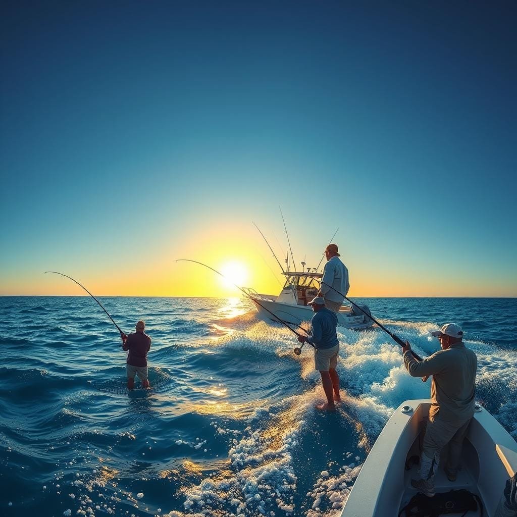 A serene ocean landscape with a focus on four key fishing techniques: bottom fishing, vertical jigging, chumming, and trolling. In the foreground, anglers expertly maneuver their rods, reeling in their catch. The middle ground features a well-equipped fishing boat, its wake cutting through the glistening azure waters. In the background, a picturesque horizon with a golden sunset casts a warm glow, creating a tranquil atmosphere. The scene is captured with a wide-angle lens, emphasizing the scale and grandeur of the maritime setting. Subtle lighting accentuates the textures of the fishing gear and the movement of the waves, immersing the viewer in the thrilling world of amberjack fishing.