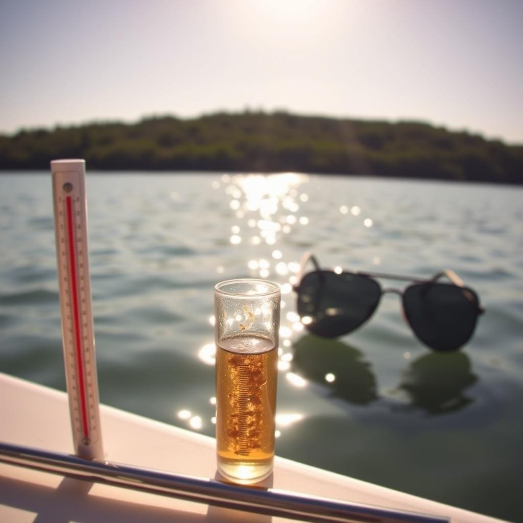 A serene, sunlit lake with crystal-clear waters reflecting the surrounding landscape. In the foreground, a thermometer and a glass vial filled with an aromatic liquid, symbolizing the importance of water temperature and scent in attracting tarpon. Midground, a pair of polarized sunglasses, hinting at the significance of visibility for effective fishing. The background features a lush, verdant shoreline, conveying the natural setting where these conditions converge to create the ideal tarpon-fishing environment. Soft, diffused lighting creates a warm, inviting atmosphere, capturing the essence of the subject matter.