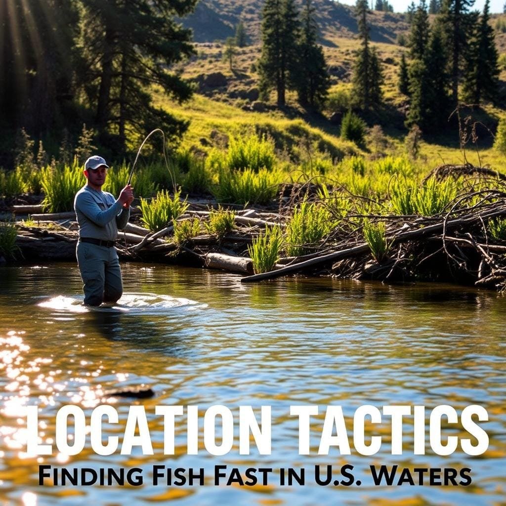 A shallow river or stream with sunlight filtering through the trees, casting a warm glow over the water. In the foreground, a skilled angler stands waist-deep, carefully casting a line into a promising looking pool, their movements precise and practiced. The middle ground reveals a lush, verdant landscape of reeds, fallen logs, and overhanging branches, creating ample cover for fish. In the background, a rolling hillside dotted with tall pines sets the scene. The overall mood is one of tranquility and focus, with the angler's intent expression and the serene natural setting conveying the essence of "Location Tactics: Finding Fish Fast in U.S. Waters". A shallow river or stream with sunlight filtering through the trees, casting a warm glow over the water. In the foreground, a skilled angler stands waist-deep, carefully casting a line into a promising looking pool, their movements precise and practiced. The middle ground reveals a lush, verdant landscape of reeds, fallen logs, and overhanging branches, creating ample cover for fish. In the background, a rolling hillside dotted with tall pines sets the scene. The overall mood is one of tranquility and focus, with the angler's intent expression and the serene natural setting conveying the essence of "Location Tactics: Finding Fish Fast in U.S. Waters".