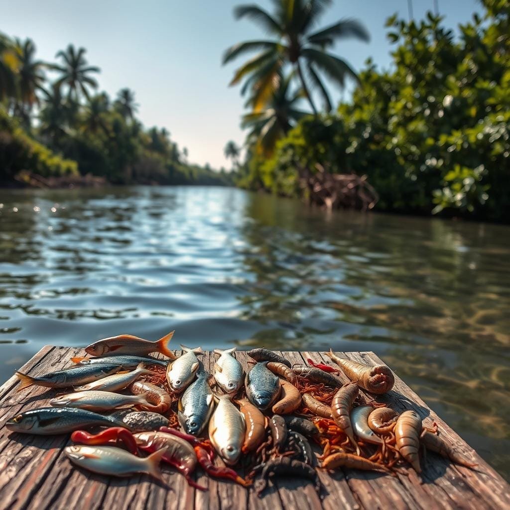 A shallow, sun-dappled river in a subtropical wilderness. In the foreground, a diverse array of live baits - shimmering baitfish, squirming crustaceans, and wriggling worms - arranged atop a weathered wooden dock. The baits are presented with meticulous care, each specimen distinct in color, texture, and movement, poised to entice the powerful predatory strikes of the elusive tarpon. The middle ground features the river itself, its glassy surface reflecting the lush, verdant banks. In the distance, the silhouettes of towering palm trees sway gently in a warm breeze, setting an immersive, tranquil mood. Soft, directional lighting accentuates the natural details, creating a sense of depth and drama that will captivate the viewer and inspire their next tarpon fishing adventure.