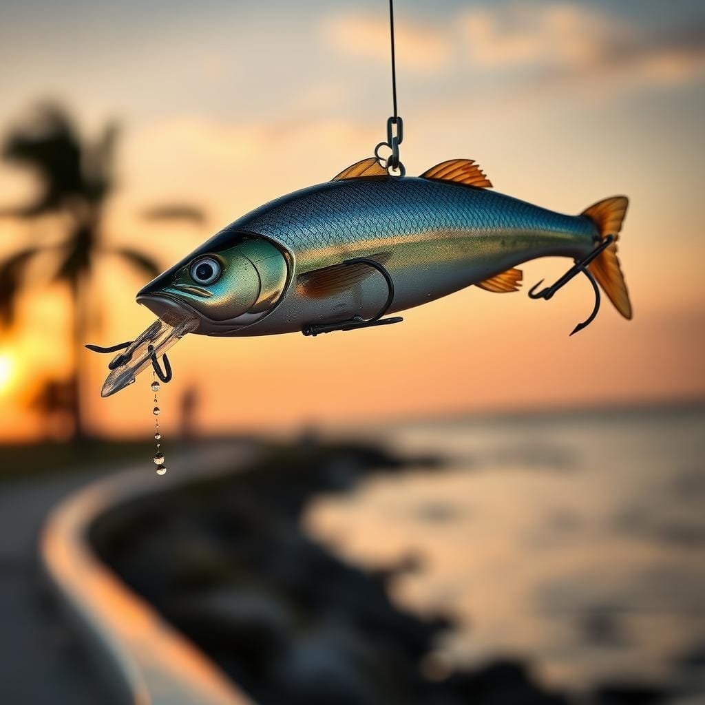 A shimmering Rapala X-Rap lure suspended mid-air, its metallic surface reflecting the warm glow of a setting sun. The lure's slender, streamlined body is poised to slice through the water, ready to tempt a hungry seatrout. In the foreground, water droplets cling to the lure's treble hooks, hinting at the dynamic action it is capable of. The middle ground features a blurred backdrop of a coastal landscape, with hazy silhouettes of palm trees and a distant horizon. The overall atmosphere conveys a sense of anticipation and the thrill of the hunt, inviting the viewer to imagine the power and versatility of the Rapala X-Rap in action, whether casting, jerking, or trolling for that elusive seatrout.