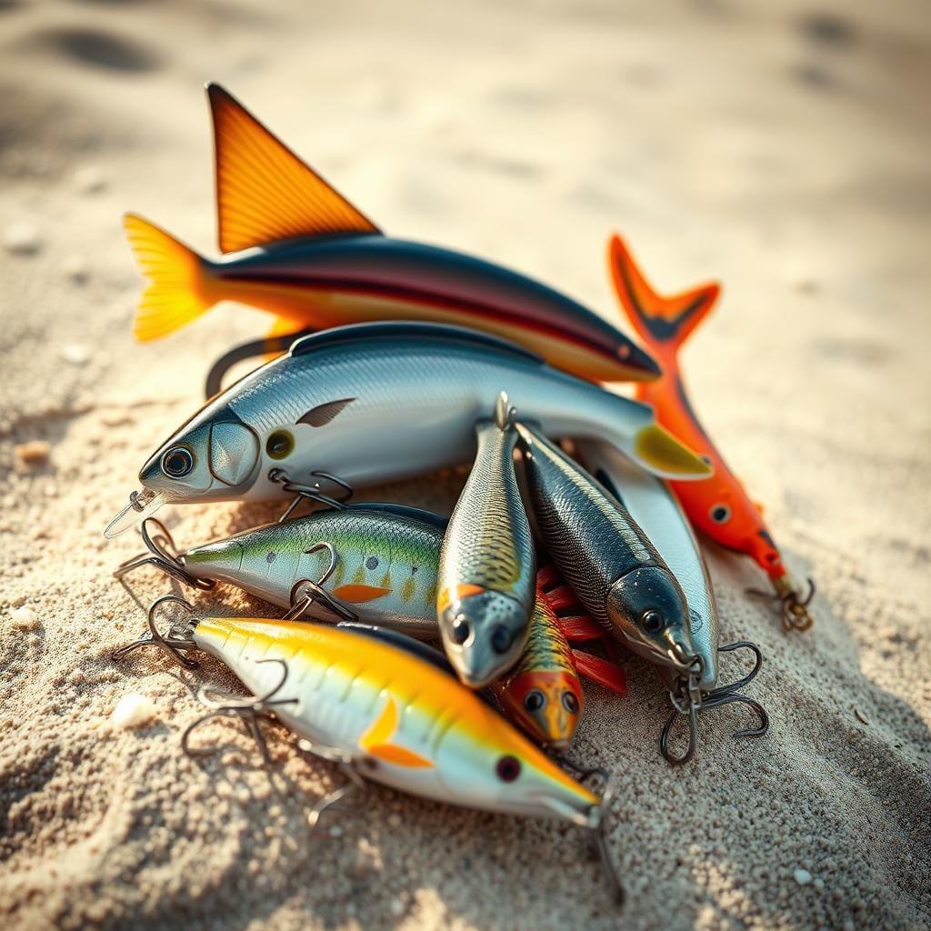 A still life arrangement of high-quality artificial fishing lures designed for sight-casting to rays and fast-moving beach runners. The lures are displayed on a sandy beach backdrop, with soft warm lighting creating a natural, coastal ambiance. The lures feature a variety of realistic colors, patterns, and shapes to mimic baitfish, crustaceans, and other prey. The composition emphasizes the attention to detail and craftsmanship of the lures, showcasing their lifelike qualities that would appeal to discerning anglers. The scene is captured with a shallow depth of field, gently blurring the background to focus attention on the intricately designed lures.