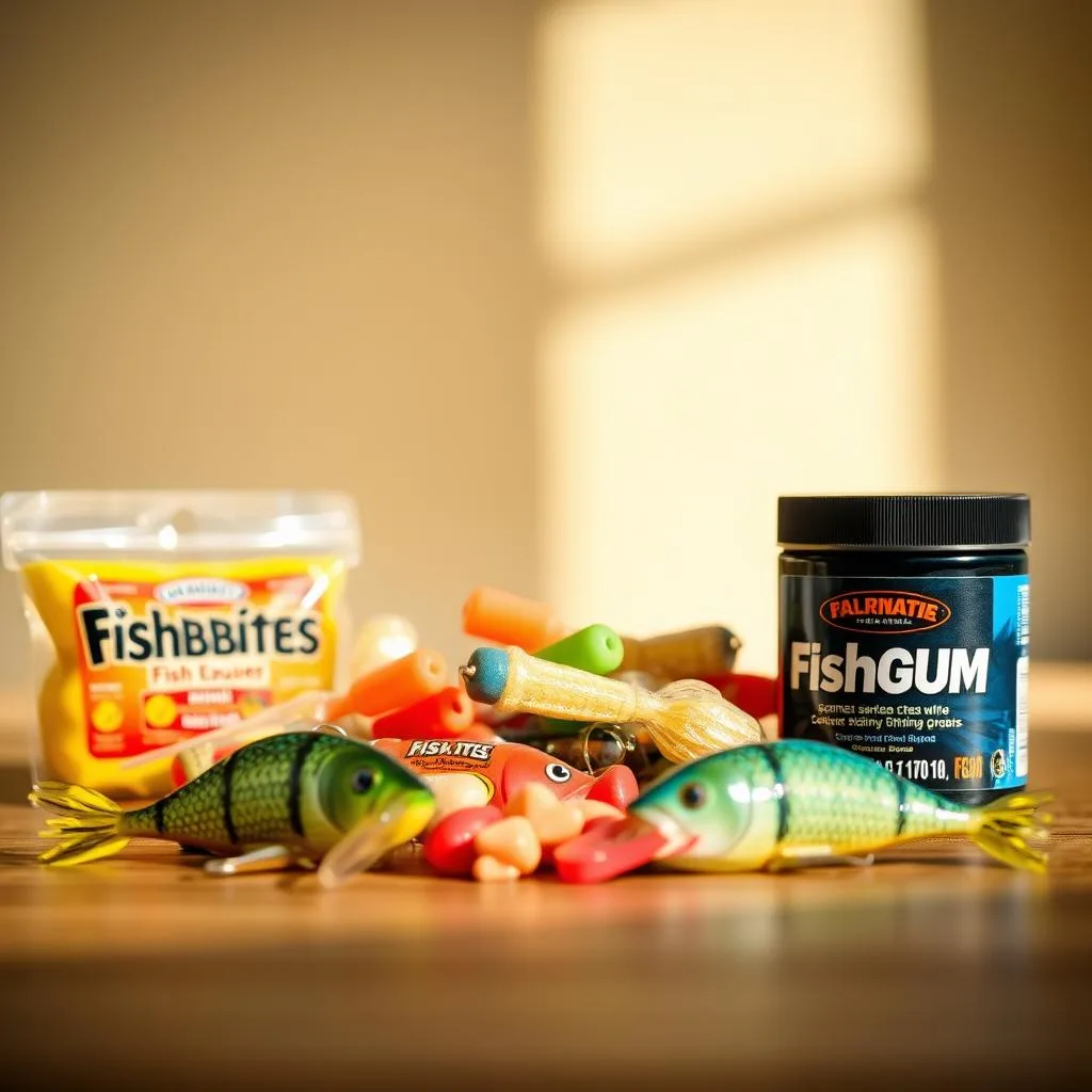 A still life arrangement of various scented synthetic fishing baits, including Fishbites and Fishgum, set against a neutral background. The baits are positioned in the foreground, with their vibrant colors and textures capturing the viewer's attention. The middle ground features a soft, out-of-focus backdrop, allowing the baits to be the focal point. Warm, natural lighting gently illuminates the scene, creating a soothing and inviting atmosphere. The camera angle is slightly elevated, providing a perspective that showcases the diverse range of durable, scented options available for pompano fishing.