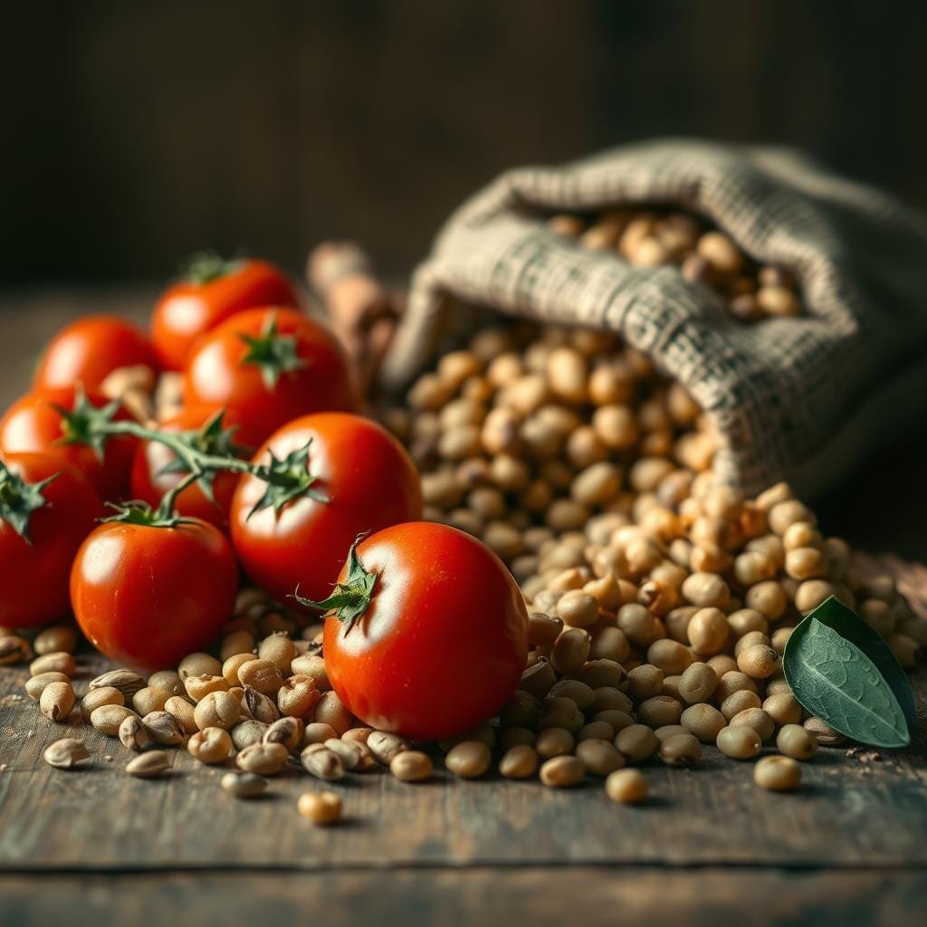 A still life arrangement showcasing an assortment of vegetarian carp baits. In the foreground, a cluster of fresh tomatoes, their vibrant red hues contrasting against a backdrop of earthy tiger nuts and plump, golden hemp seeds. In the middle ground, a handful of boiled legumes, such as chickpeas and kidney beans, spill out from a burlap sack. Diffused lighting casts a warm, natural glow over the scene, highlighting the textures and subtle sheen of the various ingredients. The composition is framed by a rustic wooden surface, hinting at the outdoorsy, artisanal nature of carp fishing. An overall mood of simplicity, health, and abundance pervades the image.