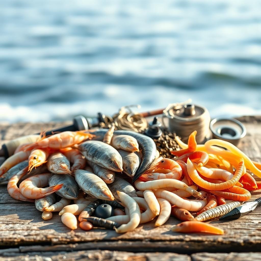 A still life composition of the best bait for scup fishing, set against a rustic wooden background. In the foreground, an assortment of scup baits, including fresh shrimp, small fish, and marine worms, arranged neatly. Soft, natural lighting illuminates the scene, casting subtle shadows that add depth and texture. The middle ground features fishing tackle, such as hooks, sinkers, and line, hinting at the angler's preparation. In the background, a blurred seascape with gentle waves and a calming atmosphere, evoking the coastal setting where scup are typically found.