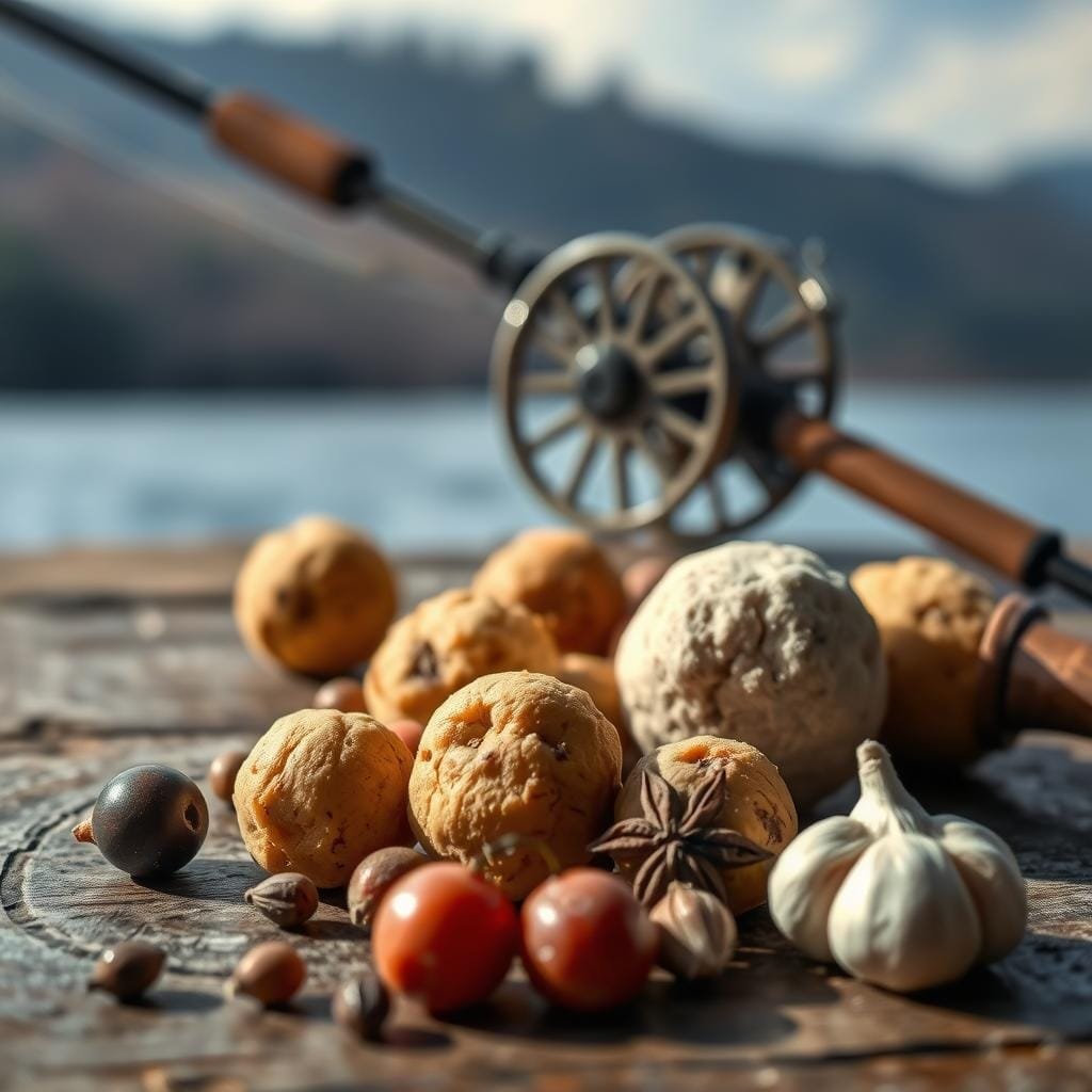 A still life composition showcasing scented fishing baits and dough balls for stocking brown trout. In the foreground, an array of fragrant lures in natural earthy tones - cherry, anise, and garlic-infused dough baits. In the middle ground, a weathered wooden surface with a fishing rod and reel, casting a soft directional light. In the background, a blurred landscape of riverbanks and trees, evoking a serene, outdoor environment. The lighting is soft and diffused, casting subtle shadows and highlights to accentuate the textures of the baits. The overall mood is one of tranquility and anticipation, inviting the viewer to imagine a successful day of brown trout fishing.