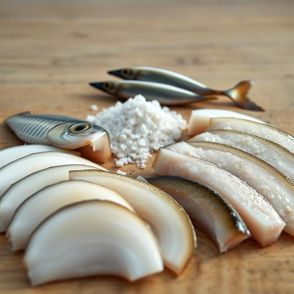 A still life image of natural cut baits for channel catfish. In the foreground, several thick slices of fresh shad and sucker fish, their scales glistening under soft, diffused natural lighting. In the middle ground, a small pile of coarse salt and a few whole skipjack tuna. The background is a plain wooden surface, slightly worn and textured, providing a simple, uncluttered backdrop to showcase the bait ingredients. The overall mood is one of simplicity and effectiveness, conveying the idea of using natural, high-quality cutbait to attract and catch trophy channel catfish.