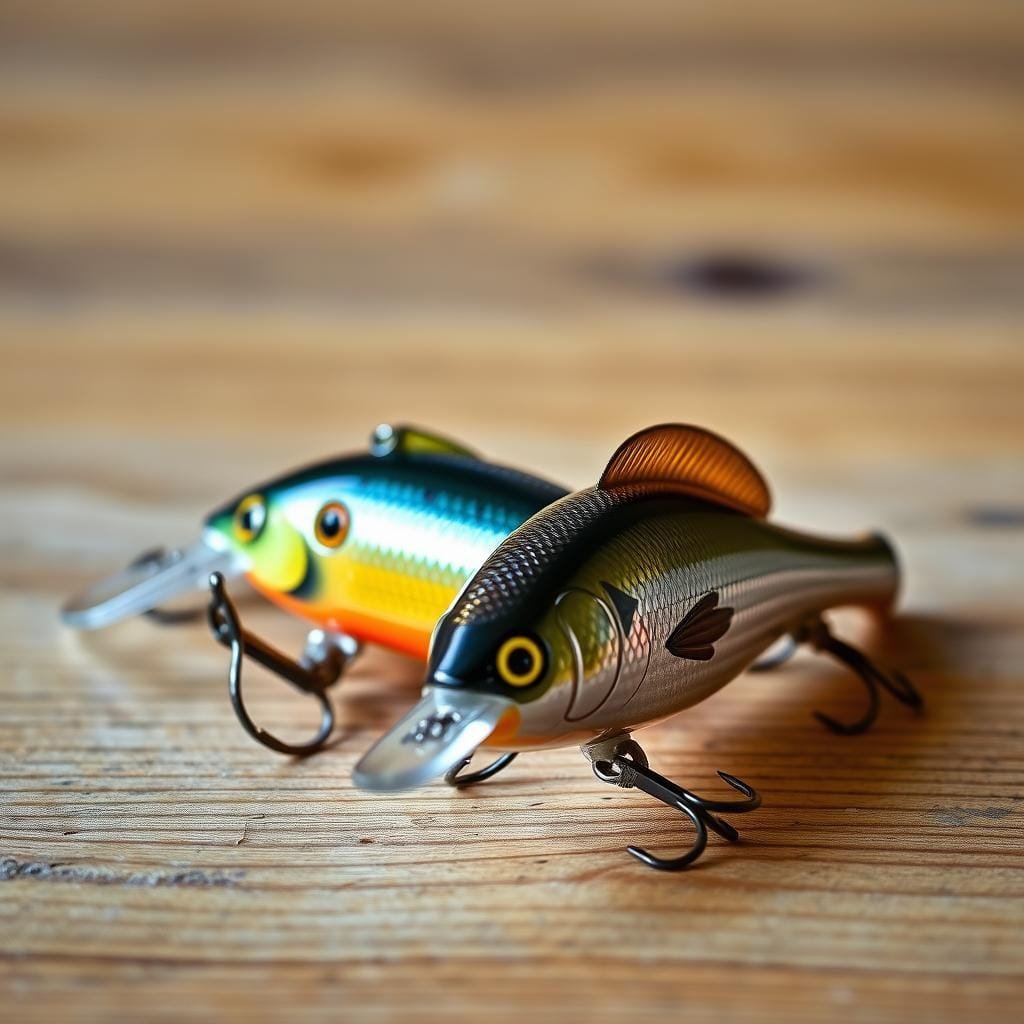 A still life of two prominent bass fishing lures - a Rapala DT 10 crankbait and a lipless crankbait, positioned prominently on a wooden surface. The lures are sharply in focus, with a soft, evenly-lit background that emphasizes their intricate details and textures. Warm, natural lighting casts slight shadows, conveying a sense of depth and dimension. The overall scene exudes an atmosphere of confidence and anticipation, as if these lures are the key to unlocking trophy largemouth bass. A still life of two prominent bass fishing lures - a Rapala DT 10 crankbait and a lipless crankbait, positioned prominently on a wooden surface. The lures are sharply in focus, with a soft, evenly-lit background that emphasizes their intricate details and textures. Warm, natural lighting casts slight shadows, conveying a sense of depth and dimension. The overall scene exudes an atmosphere of confidence and anticipation, as if these lures are the key to unlocking trophy largemouth bass.