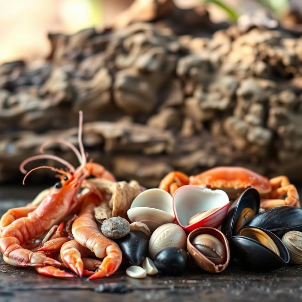 A still life photograph of a "Core Bait Lineup" against a natural, earthy backdrop. Shrimp, crabs, clams, and mussels are artfully arranged in the foreground, their colors and textures contrasting beautifully. The lighting is soft and diffused, creating gentle shadows that accentuate the form and depth of the seafood. The background is slightly blurred, suggesting an outdoor setting with hints of foliage or driftwood. The overall composition is balanced and visually appealing, highlighting the natural beauty and appeal of these prime fishing baits.