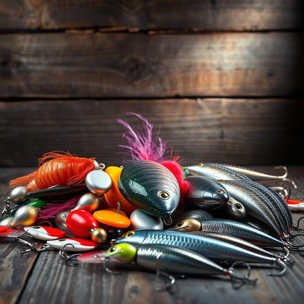 A still-life scene of the best baits for amberjack fishing, captured with a professional studio lighting setup and a macro lens. In the foreground, various lures and live baits are artfully arranged, including shiny metal jigs, vibrant soft plastics, and glistening live sardines. The middle ground features a wooden surface with a textured, weathered appearance, creating a rustic backdrop. The lighting is soft and diffused, accentuating the details and colors of the baits. The overall mood is one of anticipation and excitement, as the viewer is invited to imagine the thrilling experience of reeling in a powerful amberjack on these carefully selected lures.