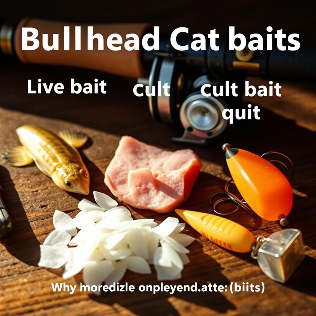A still life scene showcasing three types of fishing baits: live bait, cut bait, and prepared bait. The live bait is a small fish or aquatic creature, the cut bait is a slice of meat or fish, and the prepared bait is a molded, scented lure. The baits are arranged on a wooden surface, with a fishing rod and reel in the background. Warm, natural lighting illuminates the scene, casting soft shadows. The composition emphasizes the contrast and distinct properties of each bait type, inviting the viewer to consider when each one might be the optimal choice for catching bullhead catfish.