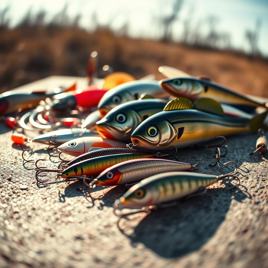 A striking wide-angle photograph of an assortment of proven largemouth bass lures, captured with warm, natural lighting and a shallow depth of field. In the foreground, a selection of jigs, crankbaits, and plastic worms are meticulously arranged, casting soft shadows on the textured surface. The midground features a pair of gleaming spinnerbaits and a lifelike swimbait, their details sharply in focus. The background blurs into a softly-lit, nature-inspired setting, hinting at the lures' intended environment. The overall composition conveys the effectiveness and versatility of these time-tested big-bass producers. A striking wide-angle photograph of an assortment of proven largemouth bass lures, captured with warm, natural lighting and a shallow depth of field. In the foreground, a selection of jigs, crankbaits, and plastic worms are meticulously arranged, casting soft shadows on the textured surface. The midground features a pair of gleaming spinnerbaits and a lifelike swimbait, their details sharply in focus. The background blurs into a softly-lit, nature-inspired setting, hinting at the lures' intended environment. The overall composition conveys the effectiveness and versatility of these time-tested big-bass producers.
