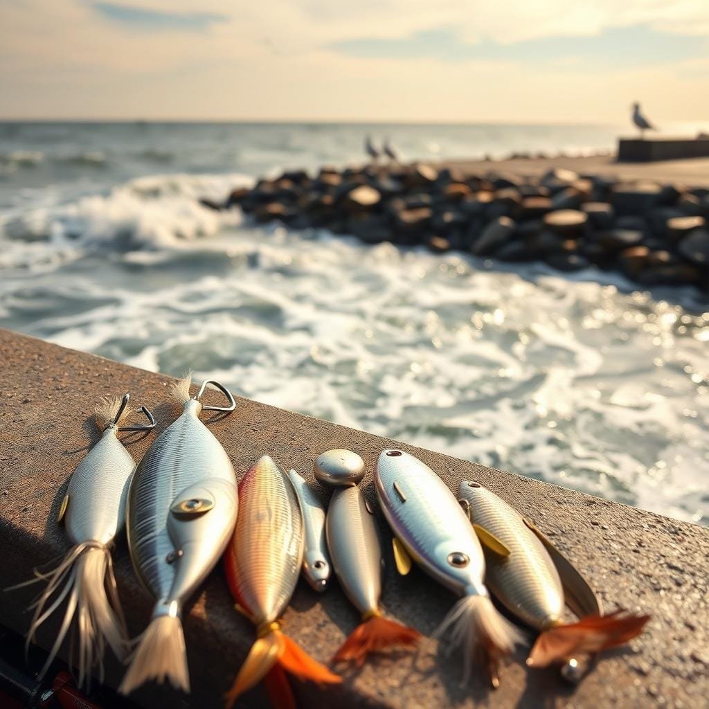 A stunning coastal scene on a breezy day, capturing the essence of a weakfish fishing expedition. In the foreground, an array of lures - sleek bucktails, shimmering spoons, and lifelike swimmers - await the angler's skilled hand. The middle ground features a rocky jetty, where the churning waves crash and the tide ebbs and flows. In the distance, the horizon is dotted with the silhouettes of seabirds, hinting at the abundance of marine life. The lighting is soft and diffused, creating a warm, golden glow that enhances the vibrant colors of the lures and the natural surroundings. The camera angle is slightly elevated, providing a comprehensive view of the scene and emphasizing the interplay between the fishing tackle and the dynamic coastal environment. A stunning coastal scene on a breezy day, capturing the essence of a weakfish fishing expedition. In the foreground, an array of lures - sleek bucktails, shimmering spoons, and lifelike swimmers - await the angler's skilled hand. The middle ground features a rocky jetty, where the churning waves crash and the tide ebbs and flows. In the distance, the horizon is dotted with the silhouettes of seabirds, hinting at the abundance of marine life. The lighting is soft and diffused, creating a warm, golden glow that enhances the vibrant colors of the lures and the natural surroundings. The camera angle is slightly elevated, providing a comprehensive view of the scene and emphasizing the interplay between the fishing tackle and the dynamic coastal environment.