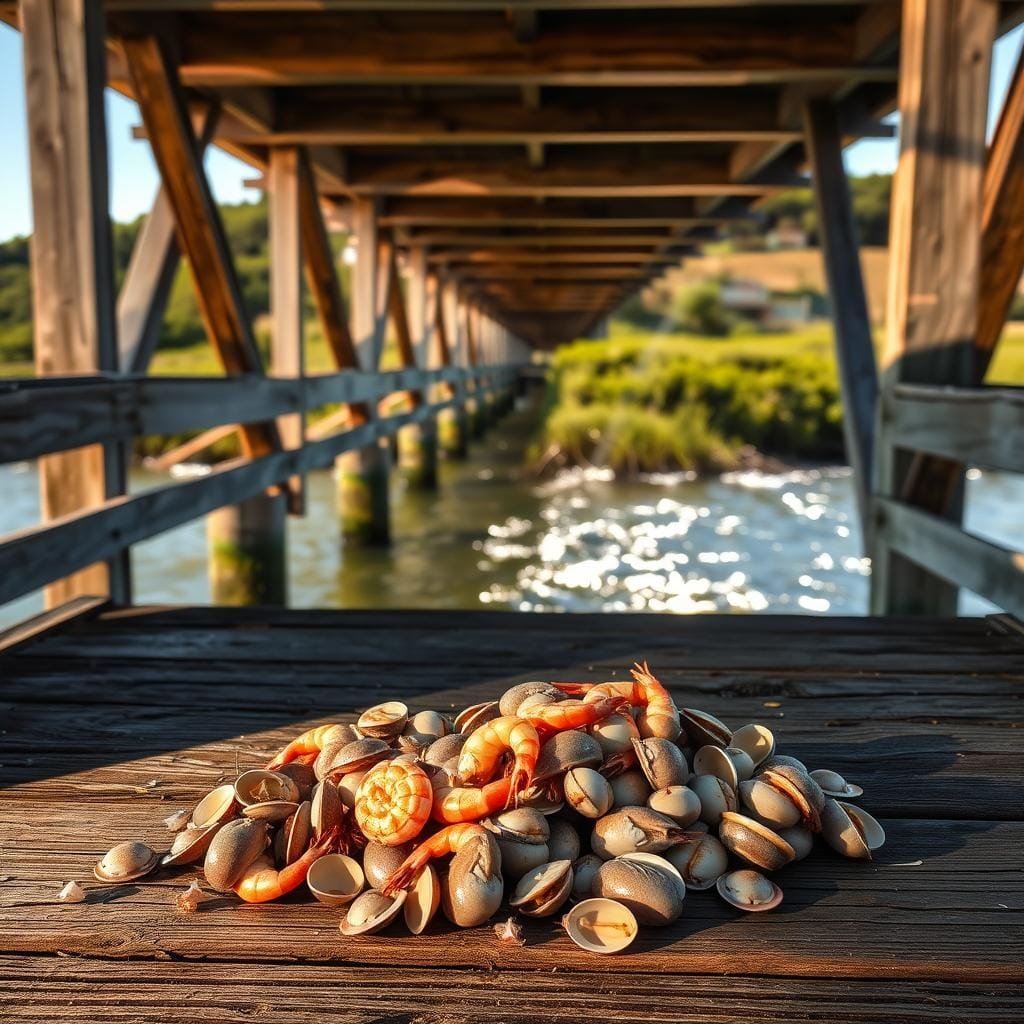 A sun-dappled bridge spans a serene coastal waterway, its weathered wooden beams and railings providing a sturdy platform for anglers. In the foreground, a scatter of shrimp and clams rest atop the structure's shadow-cast piers, their glistening shells inviting the attention of curious black drum. The middle ground reveals the shimmering surface of the water, with gentle waves lapping against the bridge's supports. In the background, a lush, verdant shoreline frames the scene, creating a picturesque and inviting environment for the targeted fish. Warm, golden lighting bathes the entire composition, evoking a sense of tranquility and natural abundance.