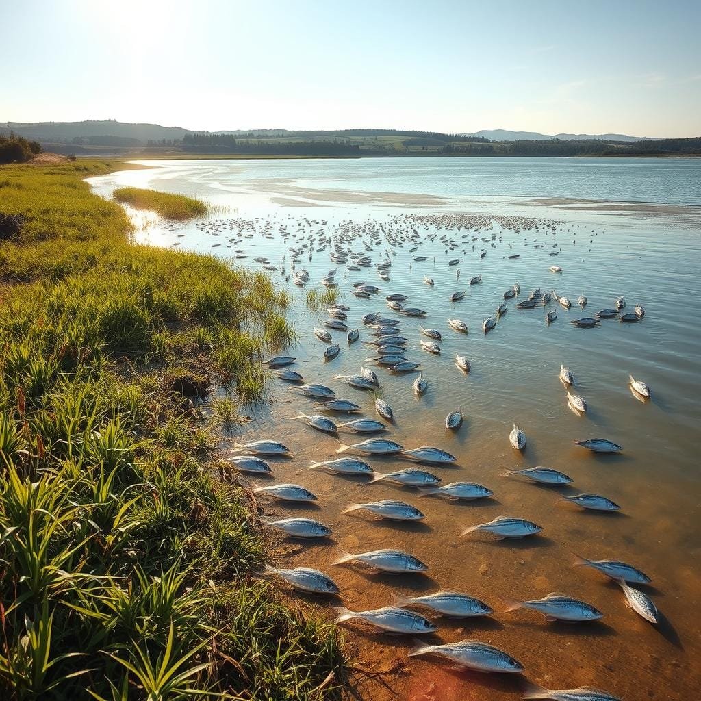 A sun-dappled coastal estuary, its tranquil waters teeming with schools of plump, silvery porgies. The foreground features a lush, verdant shoreline dotted with reeds and watergrass, inviting the viewer to imagine the ideal habitat for these prized sportfish. In the middle ground, a gently sloping mudflat extends into the shallow bay, its surface interrupted by the telltale feeding dimples of browsing porgies. The background reveals a panoramic vista of rolling hills and distant trees, bathed in the warm, golden light of an endless summer day. Crisp, high-resolution details throughout, captured with a wide-angle lens to convey a sense of immersive scale and depth.