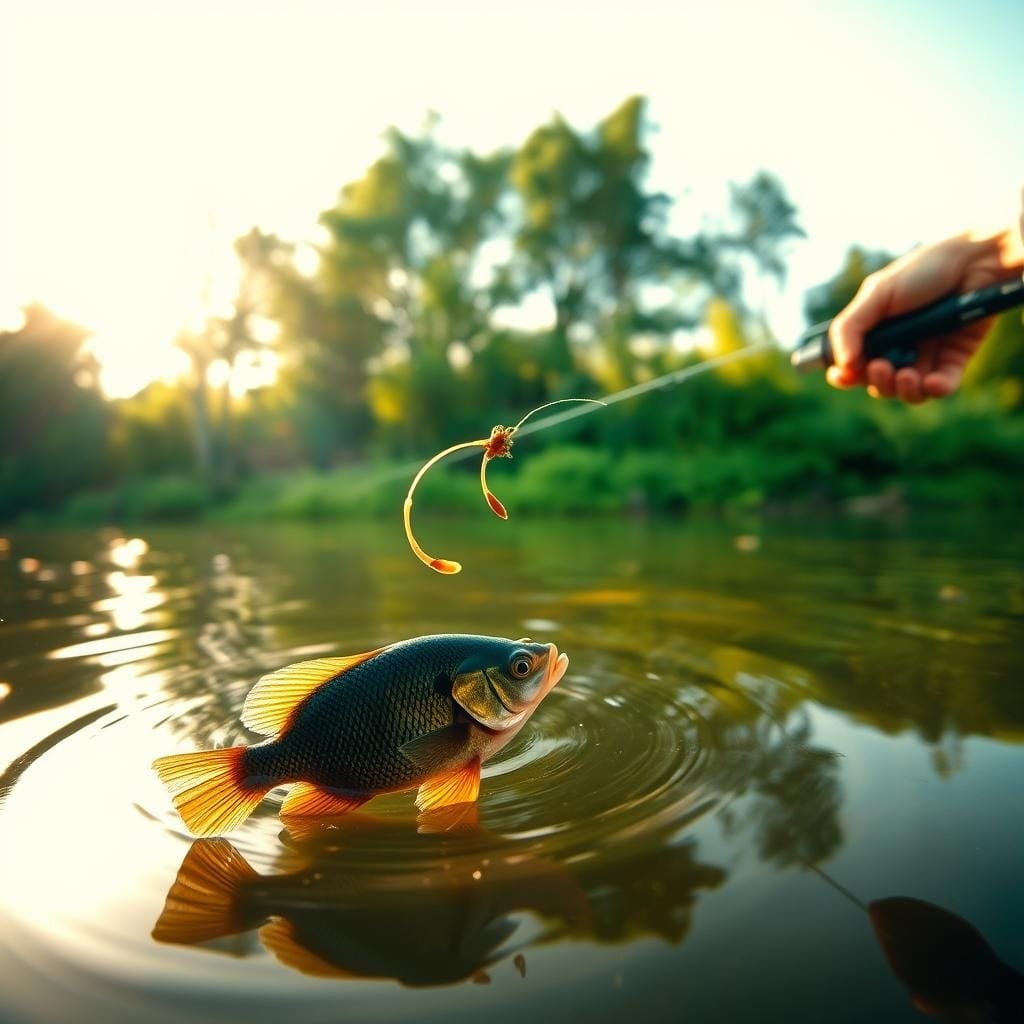 A sun-dappled fishing hole, its surface rippling with the gentle lure of a bluegill-enticing rig. In the foreground, a delicate presentation of a live worm or small crustacean dances on the line, beckoning the voracious panfish. The middle ground showcases the angler's deft hand, skillfully manipulating the rod and reel to impart a tantalizing motion, mimicking the natural prey. In the background, a lush, verdant shoreline frames the scene, hinting at the abundant aquatic life teeming beneath the water's surface. Warm, golden lighting filters through the canopy, casting a soft, inviting glow over the entire composition. Shot with a wide-angle lens to capture the immersive atmosphere, this image exemplifies the allure and effectiveness of precision rigging and retrieval techniques for catching trophy bluegill.
