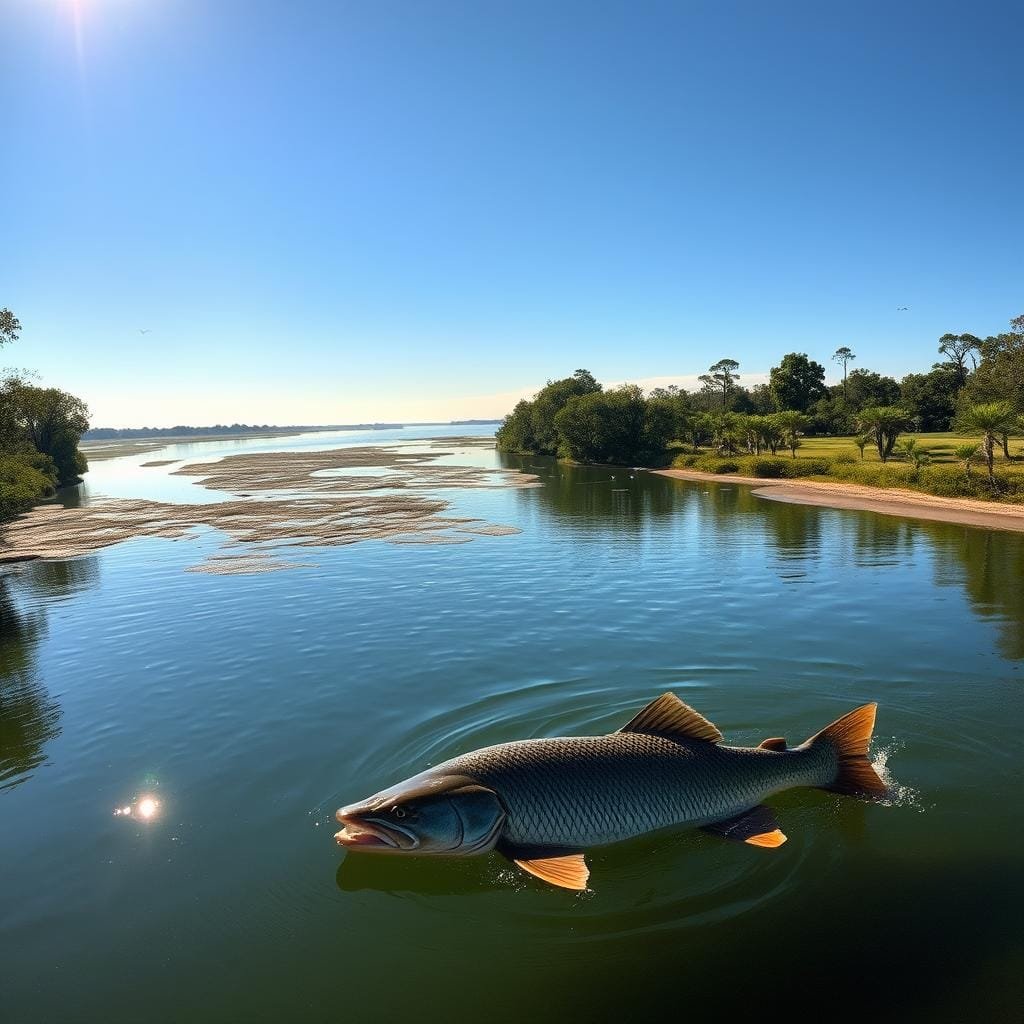 A sun-dappled river winding through a lush, verdant landscape, its banks dotted with towering cypress trees. In the foreground, the calm waters of a deep, tranquil bend, where a trophy-sized gar silently cruises, searching for its next unsuspecting prey. In the middle ground, a network of shallow flats and submerged sandbars, the perfect ambush points for these aquatic predators. In the background, a distant lake shimmers, its surface reflecting the hazy, golden light of the afternoon. The scene is alive with the sounds of birds, the gentle lapping of waves, and the occasional splash as a gar breaks the surface, its prehistoric scales glinting in the sun.