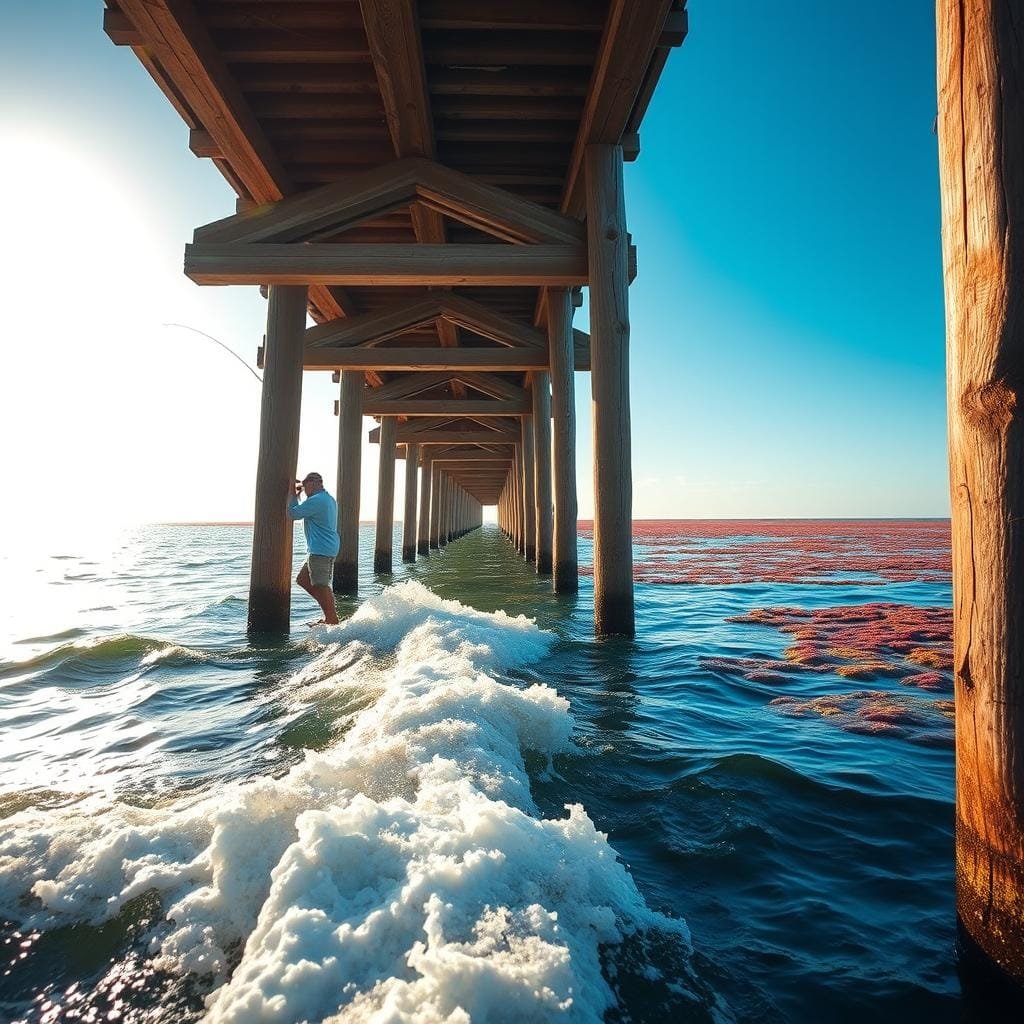 A sun-dappled seascape, the waves gently lapping against a weathered wooden dock. In the foreground, a skilled angler casts their line with precision, their stance purposeful as they target a prime fishing spot along the dock's edge. The middle ground reveals the structure's intricate architecture, its beams and support columns creating a web of intersecting lines that guide the eye towards the horizon. In the background, a vibrant, colorful reef teems with marine life, hinting at the bountiful underwater world. Warm, golden lighting illuminates the scene, casting a tranquil, contemplative mood. A 50mm lens captures the depth and scale of this productive, well-positioned structure, primed for a successful snook catch.