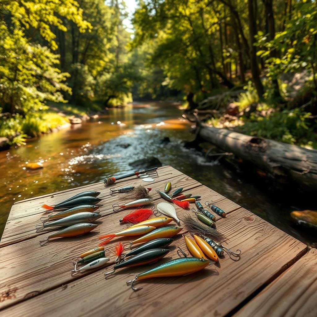 A sun-dappled stream winds through a lush, verdant forest. In the foreground, a weathered wooden dock extends into the water, its planks worn smooth by the passage of anglers. On the dock, an array of fishing lures and baits are neatly displayed, their colors and textures inviting the viewer to imagine the trophy brown trout that might be tempted by their offerings. The middle ground reveals a stretch of the stream, its banks lined with overhanging trees and fallen logs that provide ideal hiding spots for the elusive fish. In the background, the dense foliage creates a sense of seclusion and tranquility, the dappled light filtering through the canopy and casting a warm, golden glow over the entire scene. A wide-angle lens captures the depth and scale of the environment, while a shallow depth of field focuses the viewer's attention on the carefully curated display of fishing gear.