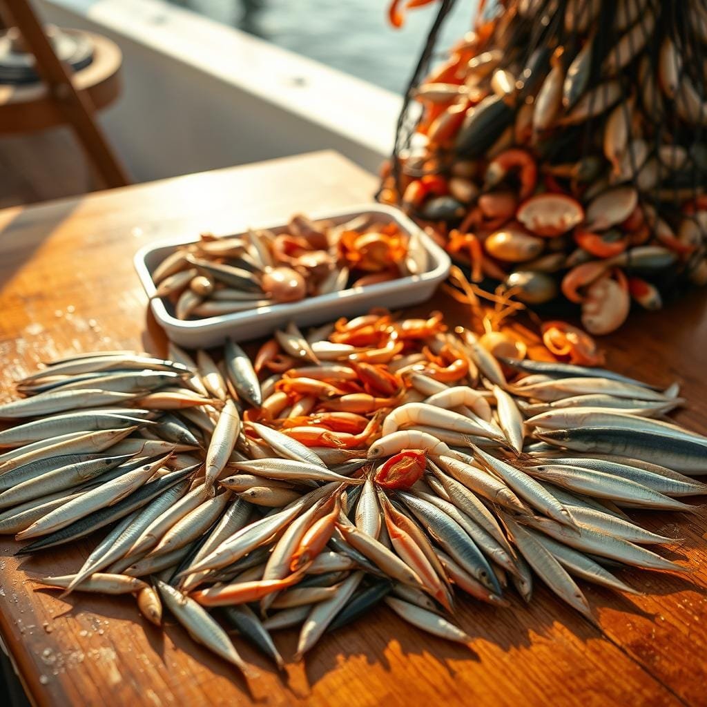 A table filled with a selection of live bait ideal for grouper fishing. In the foreground, a collection of small, lively baitfish including sardines, pilchards, and herring, arranged neatly on a wooden surface. In the middle ground, a tray of live shrimp and crabs, their movements captured in a crisp, natural lighting. In the background, a net overflowing with diverse live baits, hinting at the abundance of options available to the discerning grouper angler. The scene is bathed in warm, golden tones, evoking the tropical environment where these baits thrive. The overall mood is one of anticipation and promise of a successful grouper fishing expedition.
