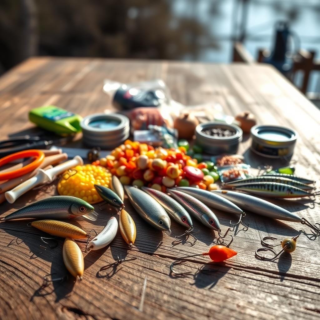 A table set with an array of natural and artificial kokanee baits, arranged in an organized, visually appealing manner. In the foreground, various lures, bait, and hooks lie against a textured wooden surface, casting soft shadows. The middle ground features a mix of colorful baits such as corn, salmon eggs, and powerbait, accompanied by fishing line and terminal tackle. The background subtly blurs into a natural setting, hinting at the tranquil lakeside environment where these baits would be used. Soft, warm lighting illuminates the scene, creating a sense of inviting and informative presentation.