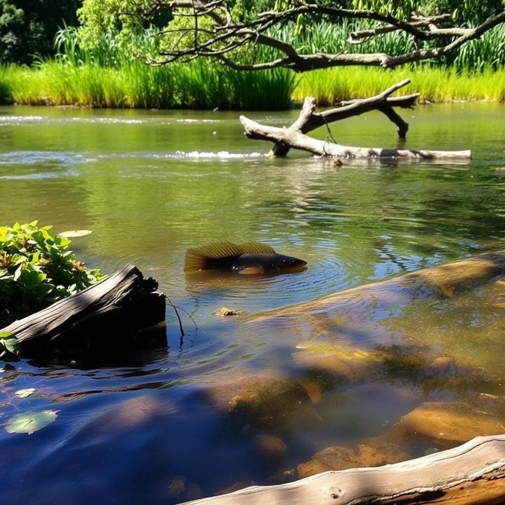 A tranquil lakeside scene, where warmouth fish dwell. In the foreground, submerged logs and dense aquatic vegetation provide cover and concealment. Sunlight dapples the water's surface, revealing subtle break-lines and changes in current flow. In the middle distance, a fallen tree trunk creates a natural fishing platform, while a gentle current sweeps past. The background depicts a lush, verdant shoreline, with tall grasses and overhanging branches casting shadows onto the water. The overall mood is one of serene natural beauty, hinting at the prime habitat where these elusive fish can be found.