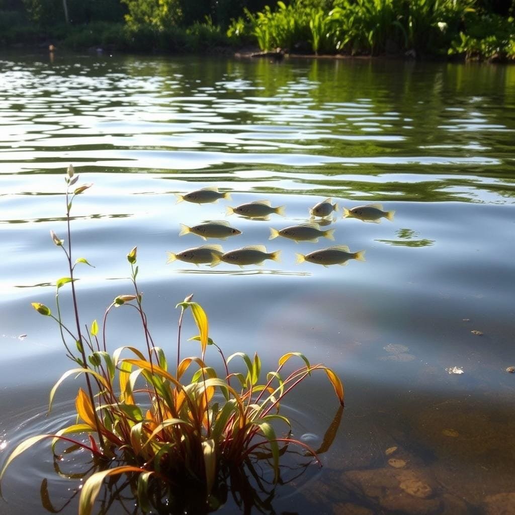 A tranquil pond, its surface rippling gently in the soft breeze. In the foreground, a cluster of aquatic plants sway gracefully, their delicate leaves brushing the water's edge. The middle ground reveals a school of warmouth fish, their bodies poised and alert, suspending in the cool, clear water column. Light filters through the surface, casting a warm, golden glow that highlights the fish's vibrant colors and patterns. In the background, the shoreline is dotted with lush, verdant foliage, creating a serene, natural setting. The overall mood is one of peaceful stillness, inviting the viewer to observe the fish's behavior and strategies for success.