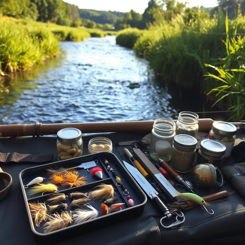 A tranquil stream flows through a lush, verdant landscape, its surface gently rippling. In the foreground, an array of fishing tackle and bait lays neatly arranged, each item carefully selected to match the seasonal hatch and water type. A fly box, with an assortment of delicately tied patterns, sits alongside jars of live bait and a selection of lures. The scene is bathed in the warm, golden light of a late afternoon sun, casting a serene and inviting atmosphere. The overall composition emphasizes the harmony between the natural environment and the thoughtful, strategic approach to fly fishing for brook trout.