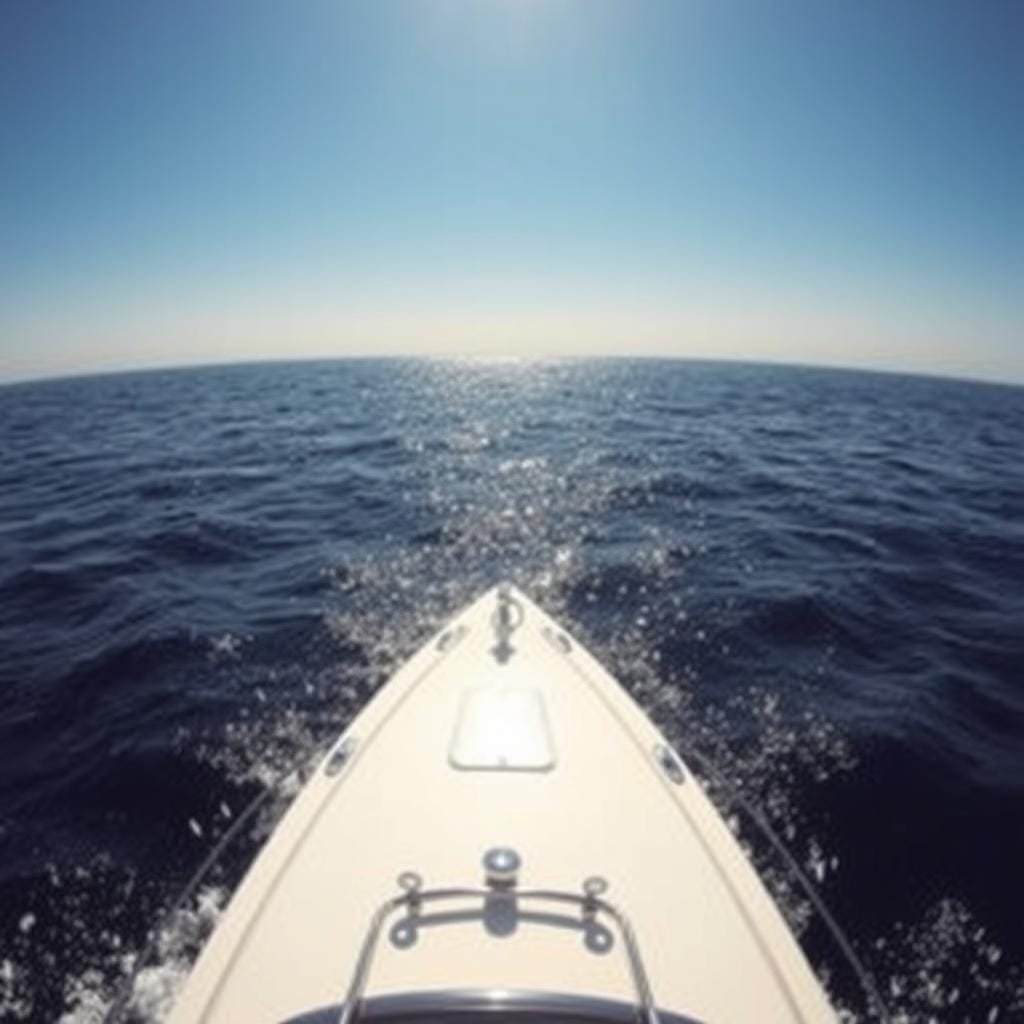 A vast expanse of azure ocean stretches out before a sleek, well-equipped fishing boat. In the foreground, the boat's hull slices through the gently undulating waves, its speed precisely tuned to the prevailing sea conditions. Sunlight glints off the polished deck and chrome fittings, creating a sense of vibrant energy. In the middle ground, a school of silvery baitfish dart through the water, their movements mirroring the boat's steady rhythm. The background depicts a cloudless sky, with a distant horizon line where the sea and sky seamlessly meet. The scene conveys a harmonious balance between man, machine, and nature, setting the stage for a successful marlin fishing expedition. A vast expanse of azure ocean stretches out before a sleek, well-equipped fishing boat. In the foreground, the boat's hull slices through the gently undulating waves, its speed precisely tuned to the prevailing sea conditions. Sunlight glints off the polished deck and chrome fittings, creating a sense of vibrant energy. In the middle ground, a school of silvery baitfish dart through the water, their movements mirroring the boat's steady rhythm. The background depicts a cloudless sky, with a distant horizon line where the sea and sky seamlessly meet. The scene conveys a harmonious balance between man, machine, and nature, setting the stage for a successful marlin fishing expedition.