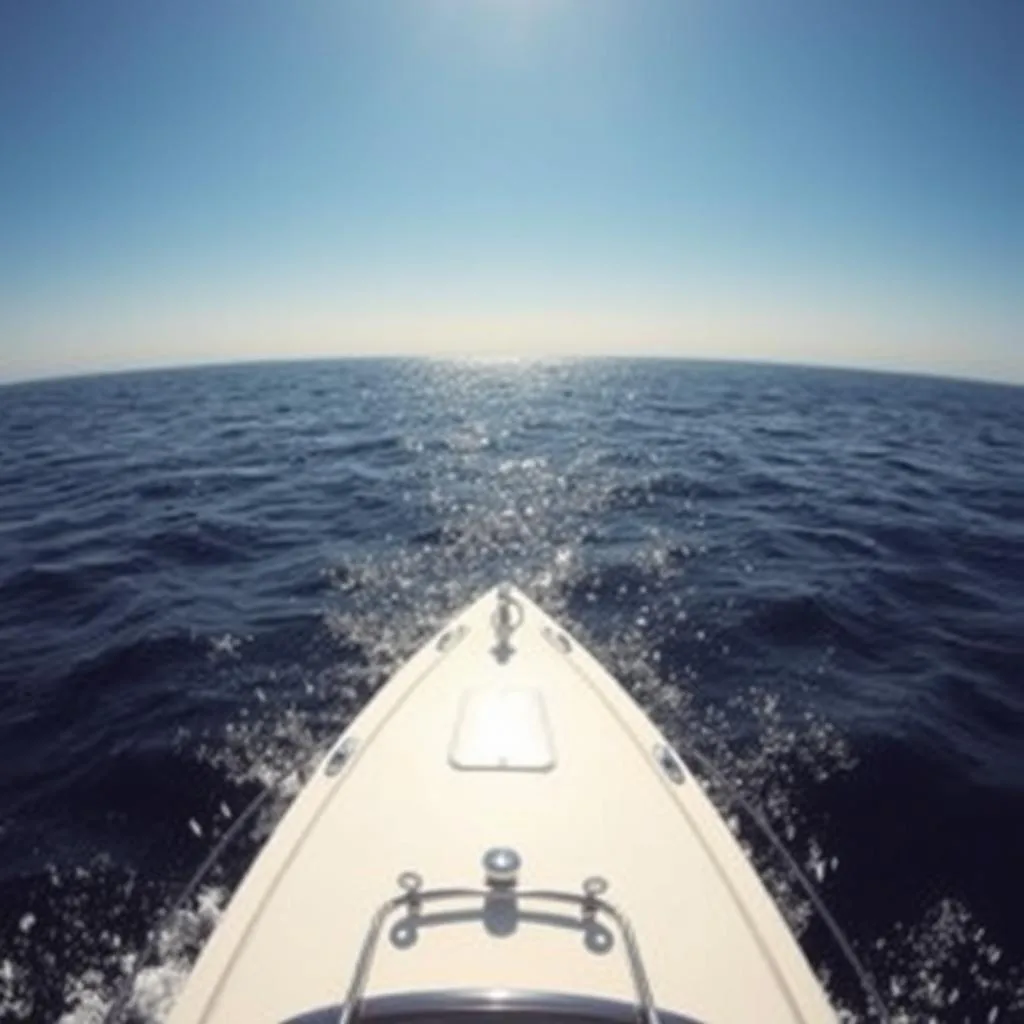 A vast expanse of azure ocean stretches out before a sleek, well-equipped fishing boat. In the foreground, the boat's hull slices through the gently undulating waves, its speed precisely tuned to the prevailing sea conditions. Sunlight glints off the polished deck and chrome fittings, creating a sense of vibrant energy. In the middle ground, a school of silvery baitfish dart through the water, their movements mirroring the boat's steady rhythm. The background depicts a cloudless sky, with a distant horizon line where the sea and sky seamlessly meet. The scene conveys a harmonious balance between man, machine, and nature, setting the stage for a successful marlin fishing expedition. A vast expanse of azure ocean stretches out before a sleek, well-equipped fishing boat. In the foreground, the boat's hull slices through the gently undulating waves, its speed precisely tuned to the prevailing sea conditions. Sunlight glints off the polished deck and chrome fittings, creating a sense of vibrant energy. In the middle ground, a school of silvery baitfish dart through the water, their movements mirroring the boat's steady rhythm. The background depicts a cloudless sky, with a distant horizon line where the sea and sky seamlessly meet. The scene conveys a harmonious balance between man, machine, and nature, setting the stage for a successful marlin fishing expedition.
